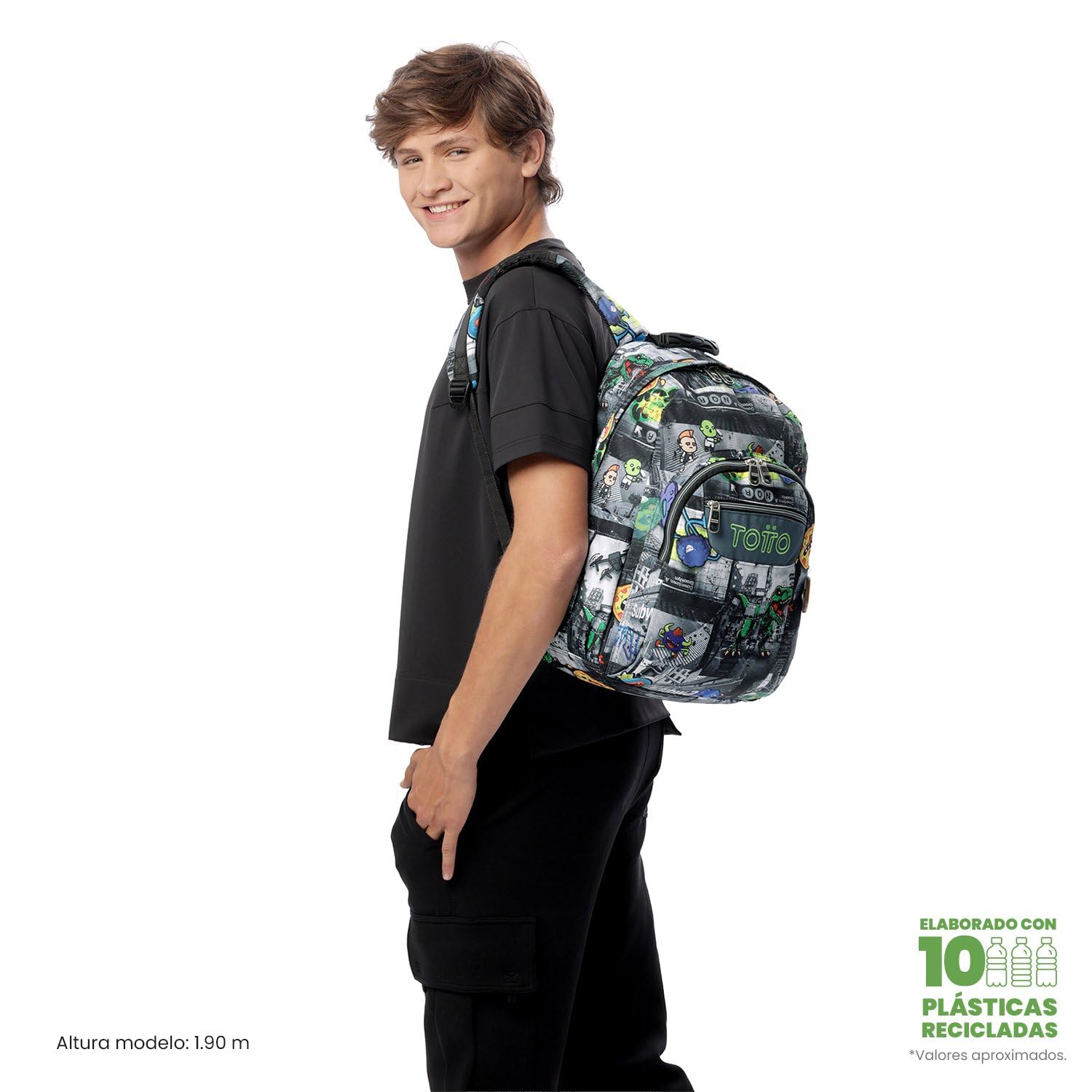 TOTTO - Mochila Escolar Adaptable a Carro, Modelo Acuareles Glitter, Capacidad 20L, Bolsillo para Pc 14", 2 Bolsillo Botella, Espaldar Ergonómico con Flujo de Aire, Correas en S, Estampado Rolly Negro