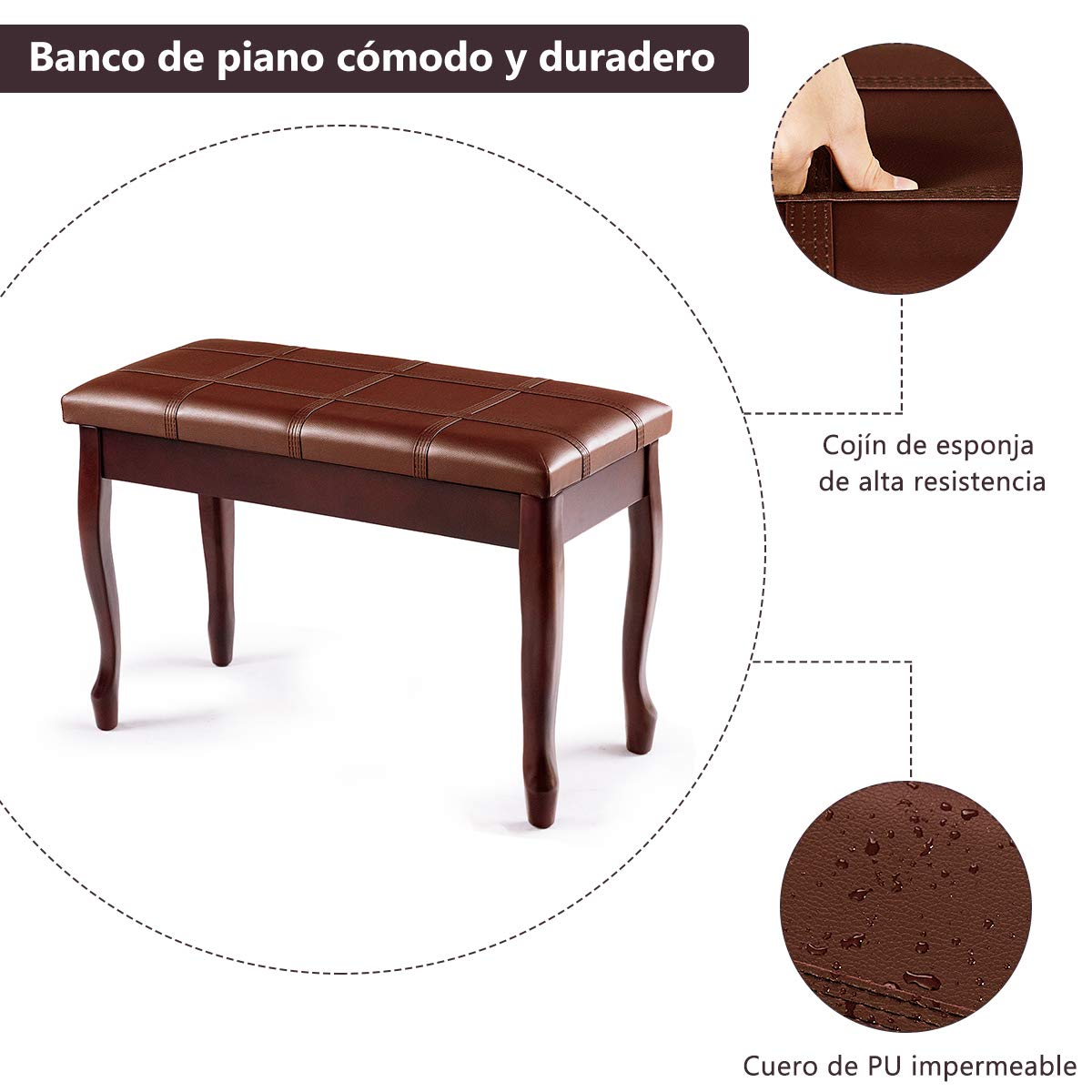 COSTWAY Banco para Piano de Madera y Cojín Acolchado Taburete de Piano con Compartimento Banco para Teclado de 75x35x49 centímetros (café)