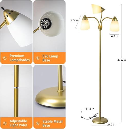Miniatura 3 de DINGLILIGHTING Lámpara de pie dorada para habitación Lámpara de pie de árbol de cuello de cisne flexible ajustable de 3 luces para dormitorio, sala