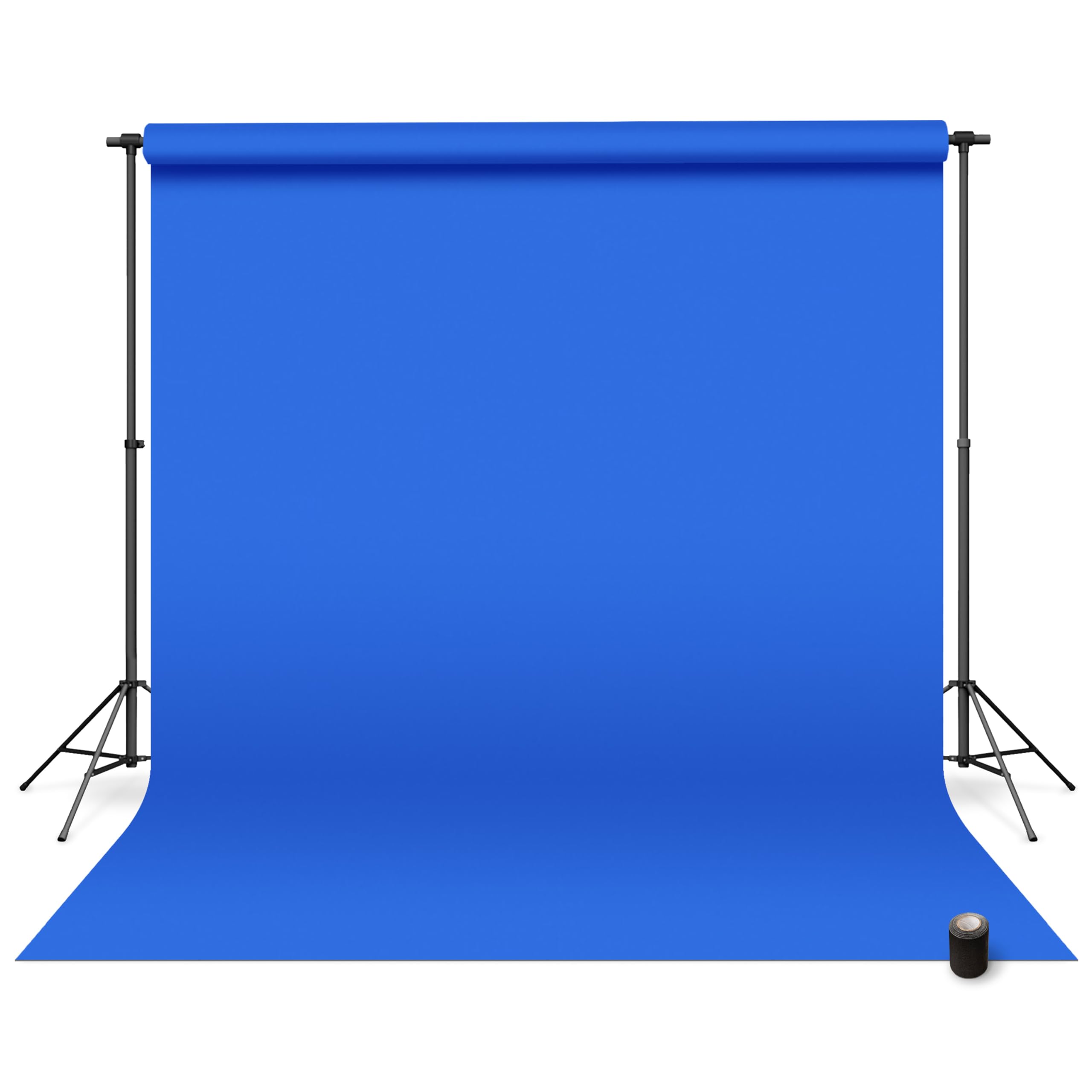 Denny Manufacturing - Telón de fondo de papel sin costuras para fotografía, rollo de papel azul sin costuras – Azul real (53 pulgadas x 36.8 pies) Incluye rollo de cinta adhesiva negra (2 pulgadas x