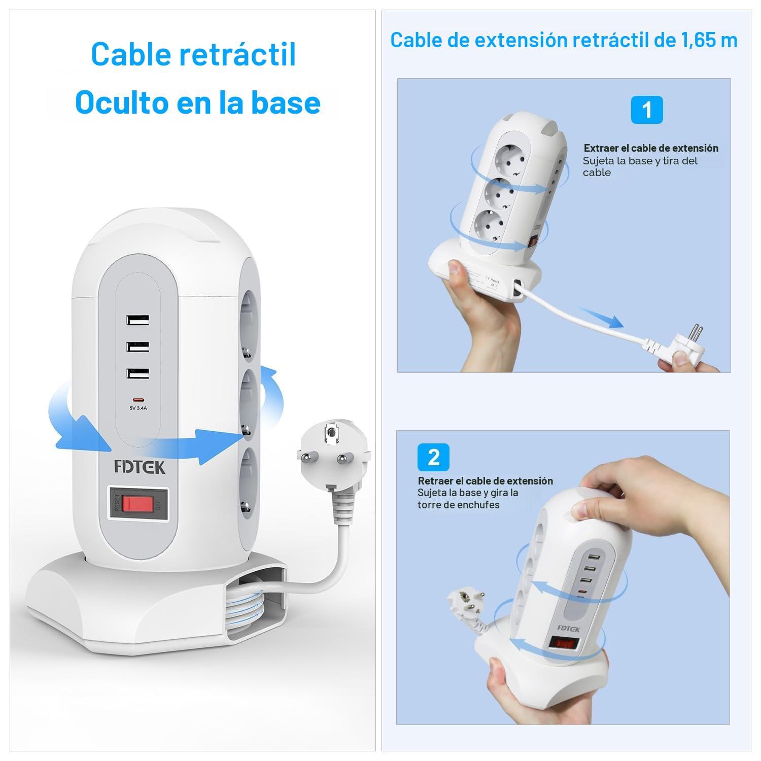 FDTEK Torre Regletas Enchufes 9 Tomas AC con 3 USB-A y 1 USB-C Regleta Vertical con Cable Retráctil 1,65 m, Ladron Enchufe Multiple con Interruptor y Protección Sobrecargas para Oficia Casa, 2500W/10A