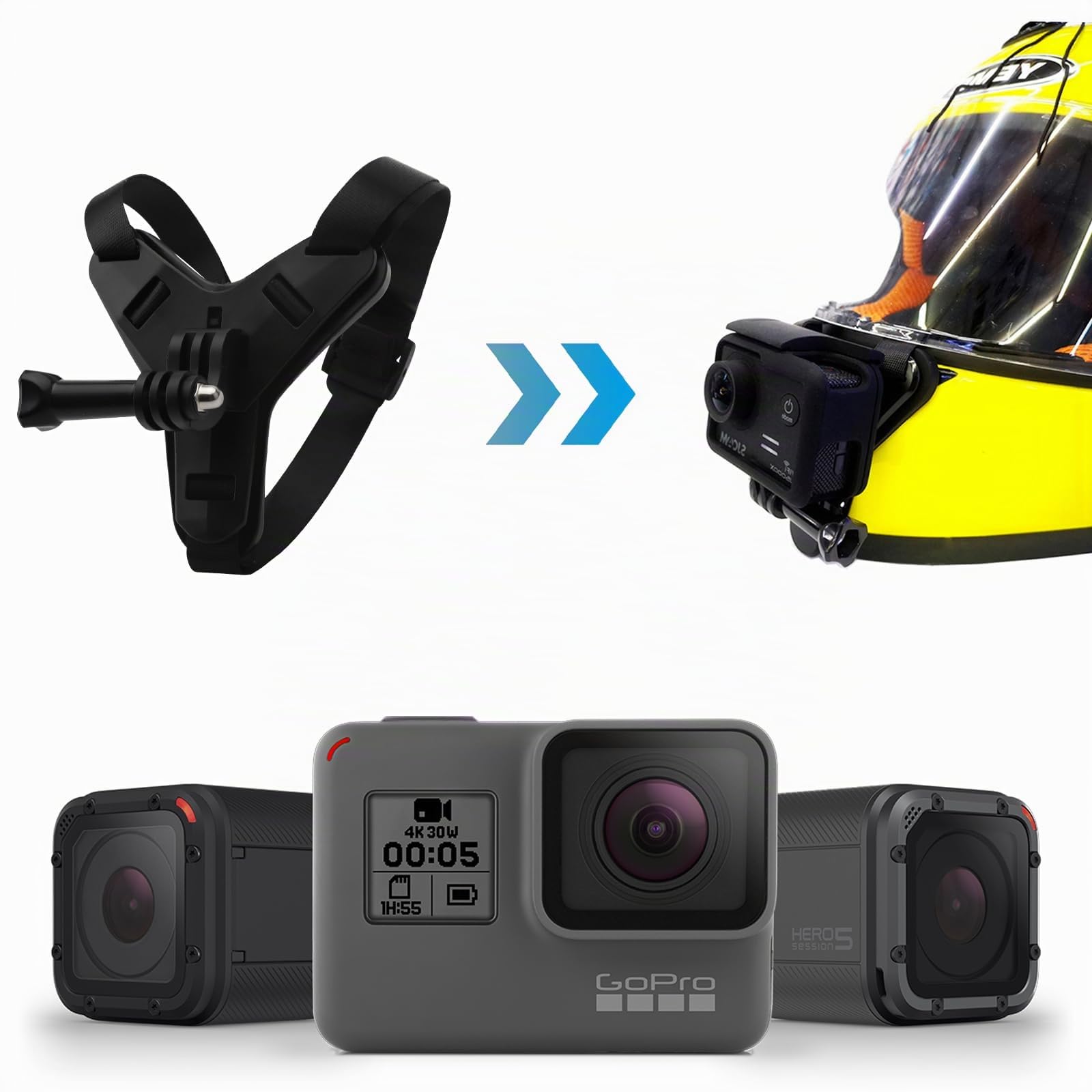 Supporto per casco da moto Chin Mount nero Supporto di estensione con gancio a J, silicone antiscivolo per GoPro Hero 13/12/11/10/9/8/7/6/5, Osmo Action, Session, SJCAM