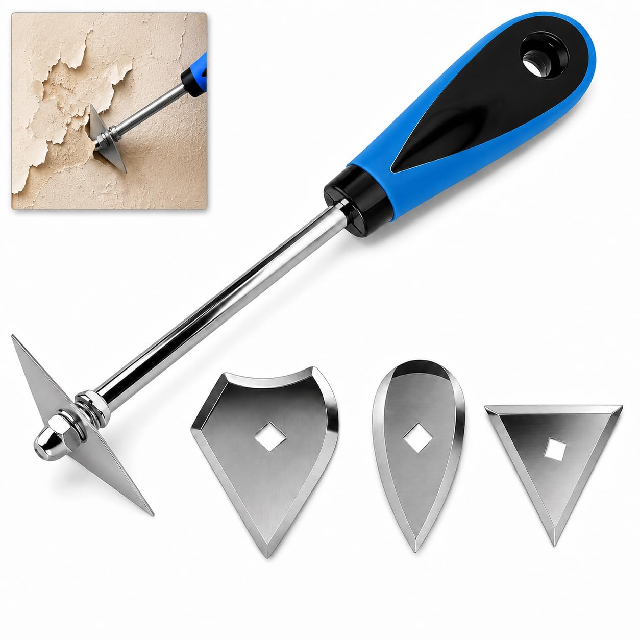 Paint Scraper, Paint Scraper Tool, Paint Stripper Tool & Shave Hook Scraper, 3-in-1 Stainless Steel Paint Remover Tool Set with 3 Replaceable Heads for Wood, Rust, Varnish & Decorating