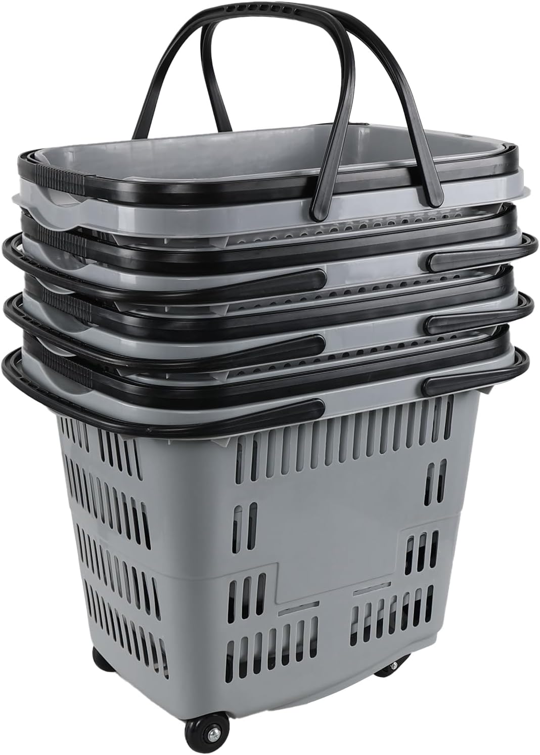 50 L Plastic Rolling Shopping Basket with Handle, 4 Pcs Large Plastic Shopping Baskets with Handles and Wheels, Gray