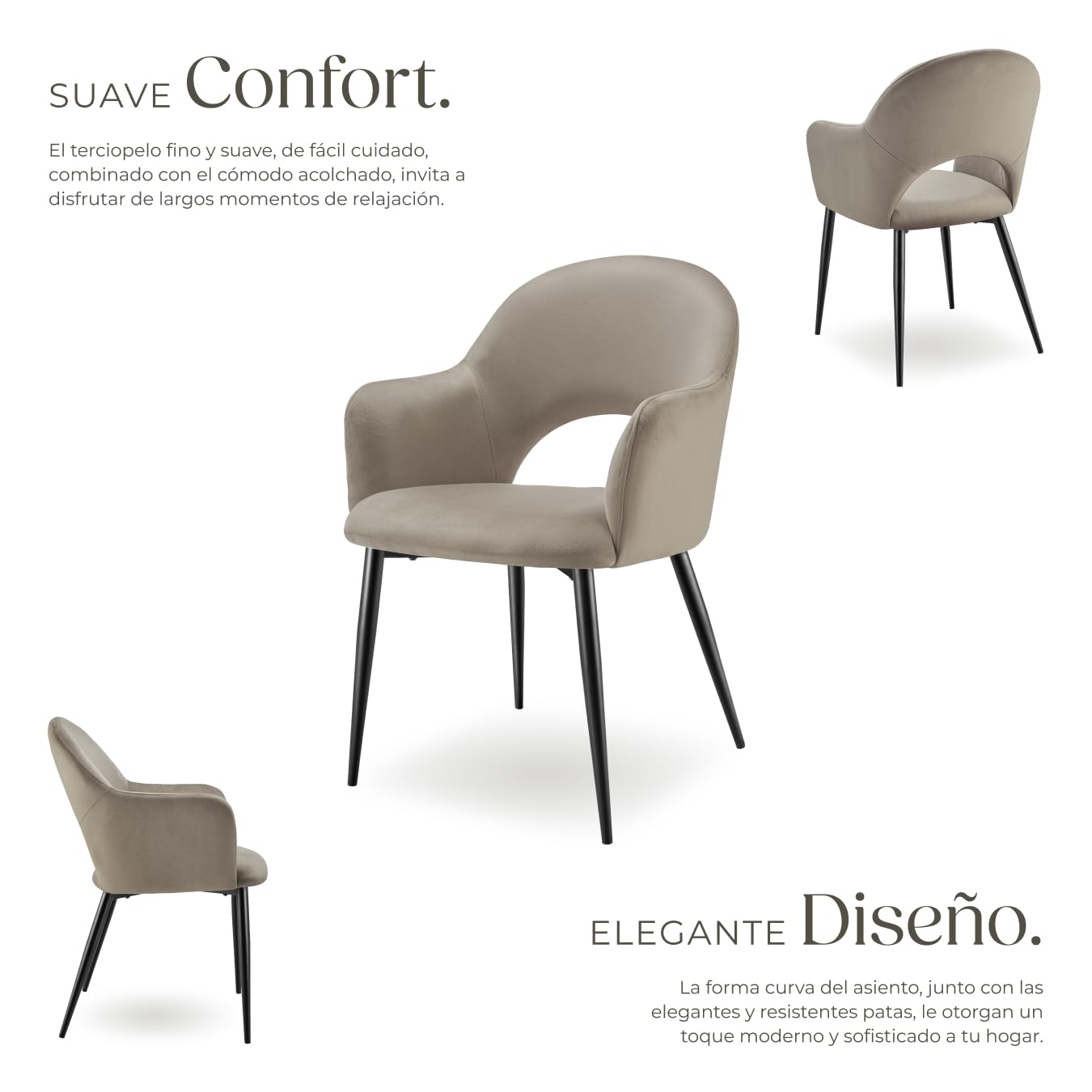 tectake® sillas de Comedor Elegantes, Terciopelo, Silla Comedor nordica, Silla de Cocina Acolchada con reposabrazos, sillas Comedor Modernas con Patas de Acero Antideslizantes - 4 Sillas Gris Topo
