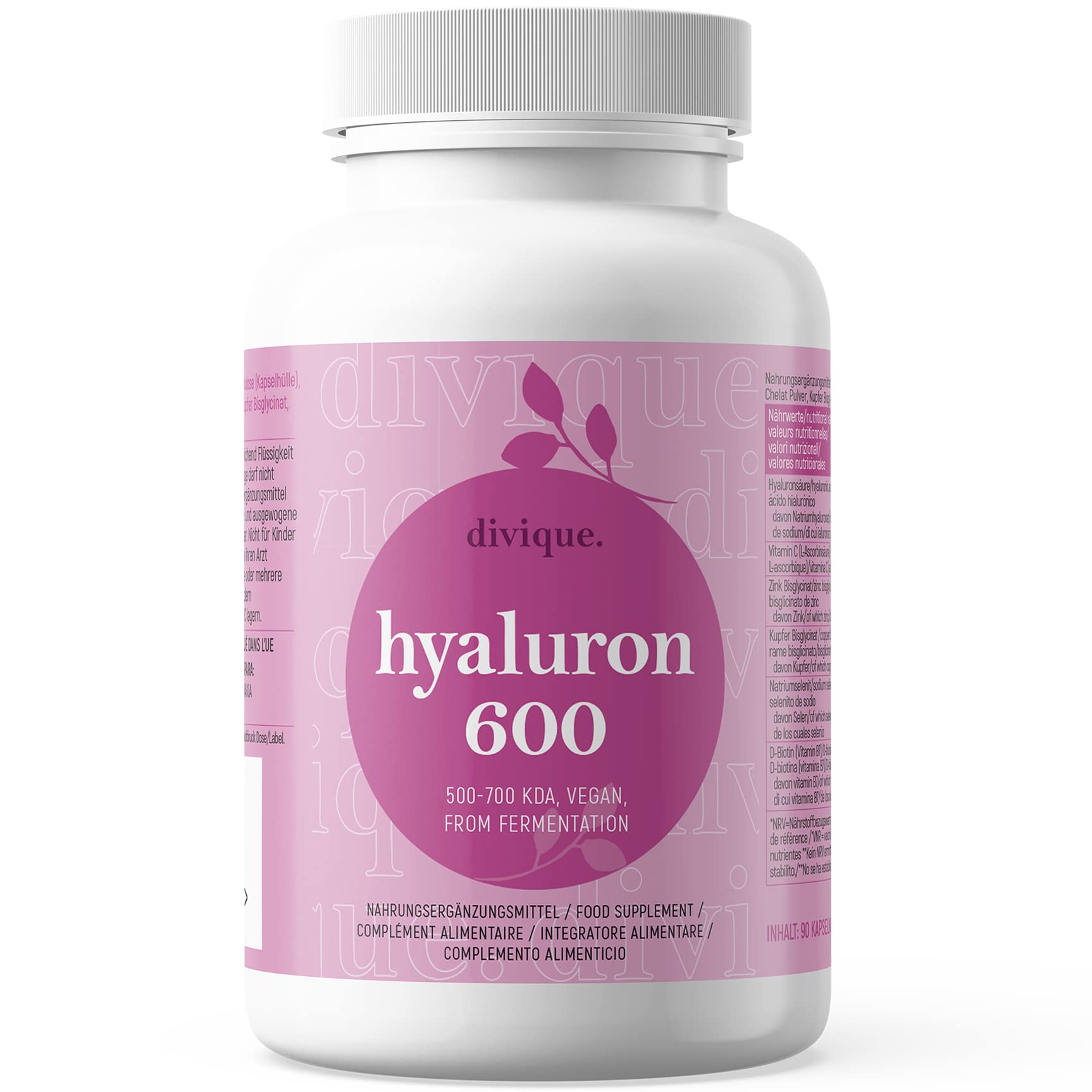 Divique Hyaluron Kapseln (90 Stk.) - Hyaluronsäure Kapseln hochdosiert mit 600mg Hyaluron (500-700 kDa) - mit Vitamin C, Zink, Kupfer, Selen u. Biotin - ohne unerwünschte Zusätze, Vegan, Laborgeprüft