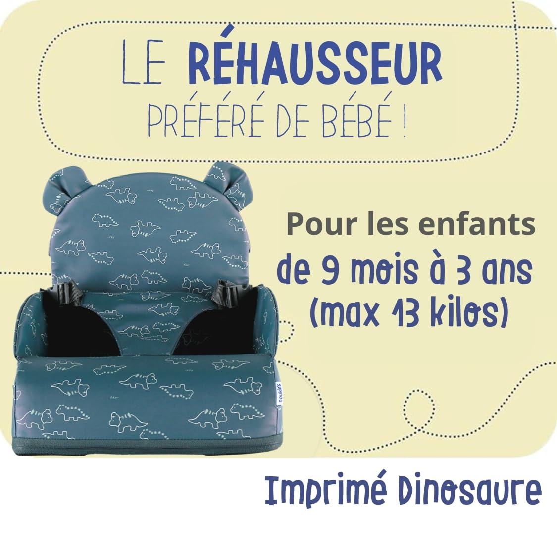 NOUKIE'S Rehausseur De Chaise Bébé Ocre – Imprimé Girafes, Pliable, Harnais Sécurité, Lavable – 9 Mois à 3 Ans