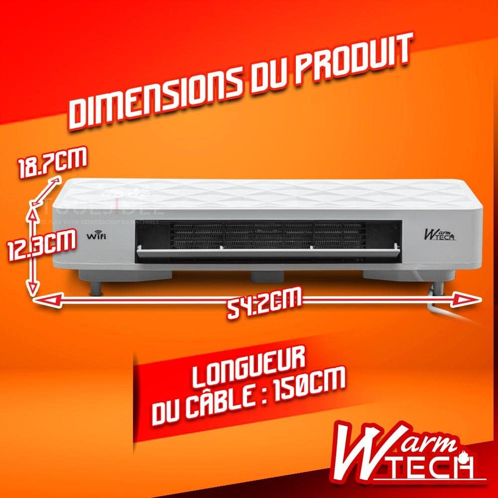 Diagram showing the dimensions of the WARM TECH WTCHMO2003TL-WI Ceramic Wall Heater: 54.2 cm length, 18.7 cm height, and 12.3 cm depth. The power cable length is indicated as 150 cm.