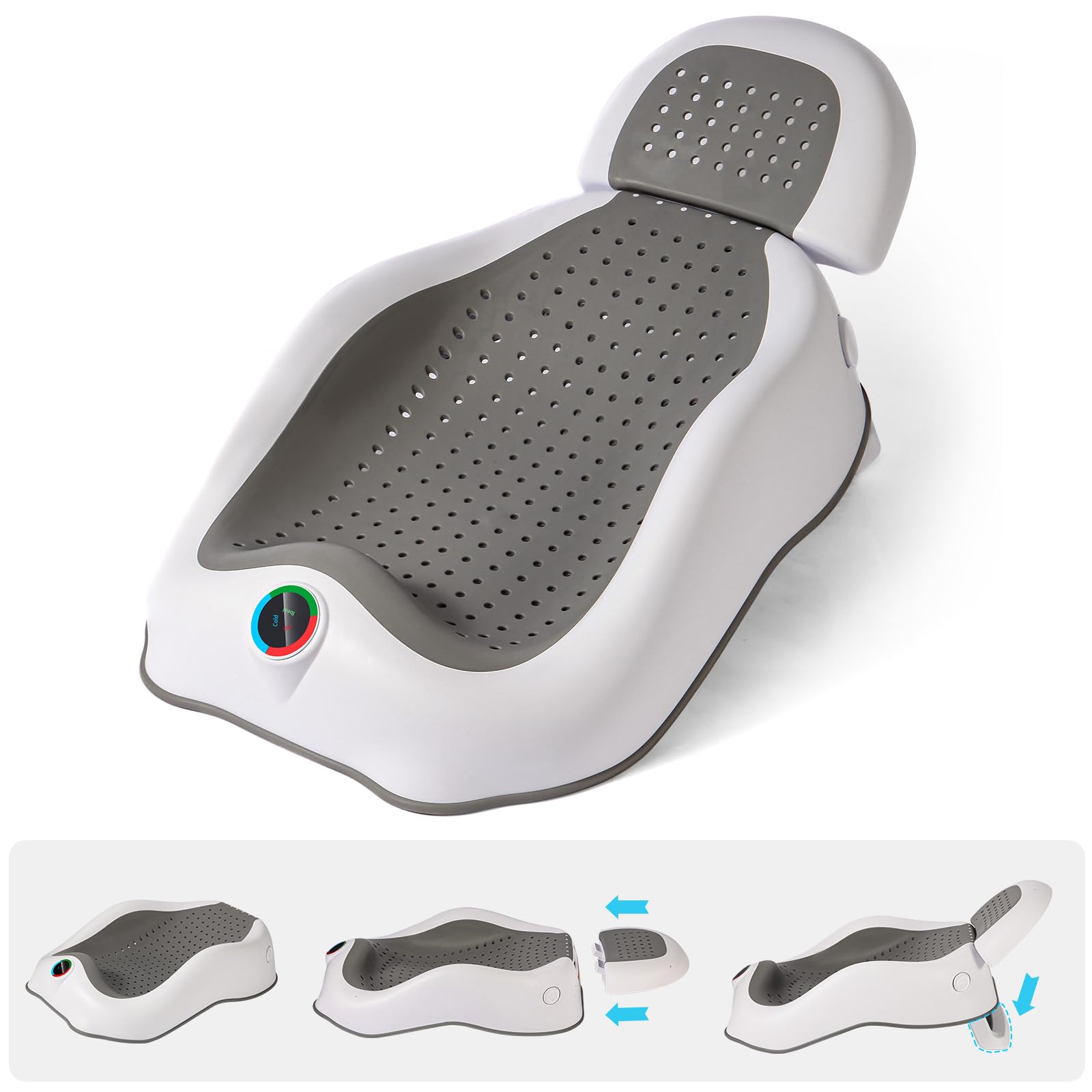 Baby Bathtub Removable Headrest Baby Bath Tub，Adjustable Baby Bath Seat for Bathtub or Sink Baby Bath Tub for Newborn Infant Non-Slip Quick-Drying Bath Support Toddler Bathtub Essential, grey