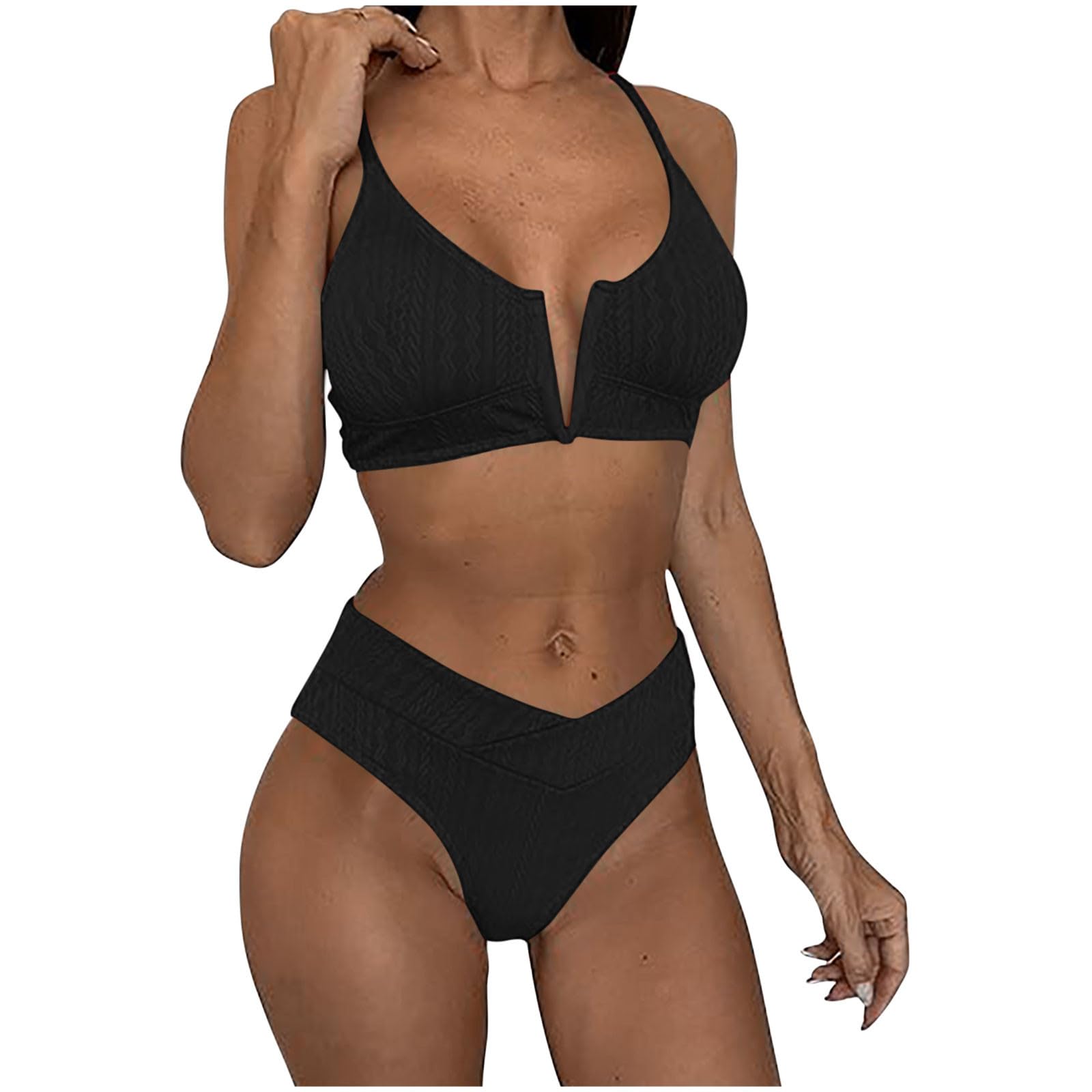 Bikini Sets for Women High Waisted V Neck Push up 2 Piece Bathing Suits Solid Sexy Cheeky Summer
