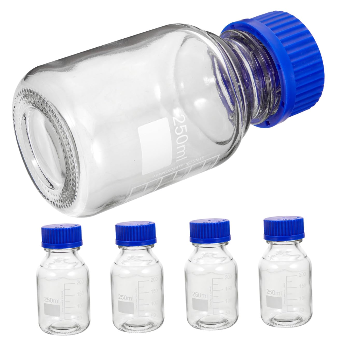 Luxshiny Flacone di Reagente in Vetro 250ml con Tappi a Vite Blu, Bottiglie Graduati Quadrate per Conservazione Liquidi Chimici, Set da 4 Pezzi per Laboratorio, Industria e Uso Domestico