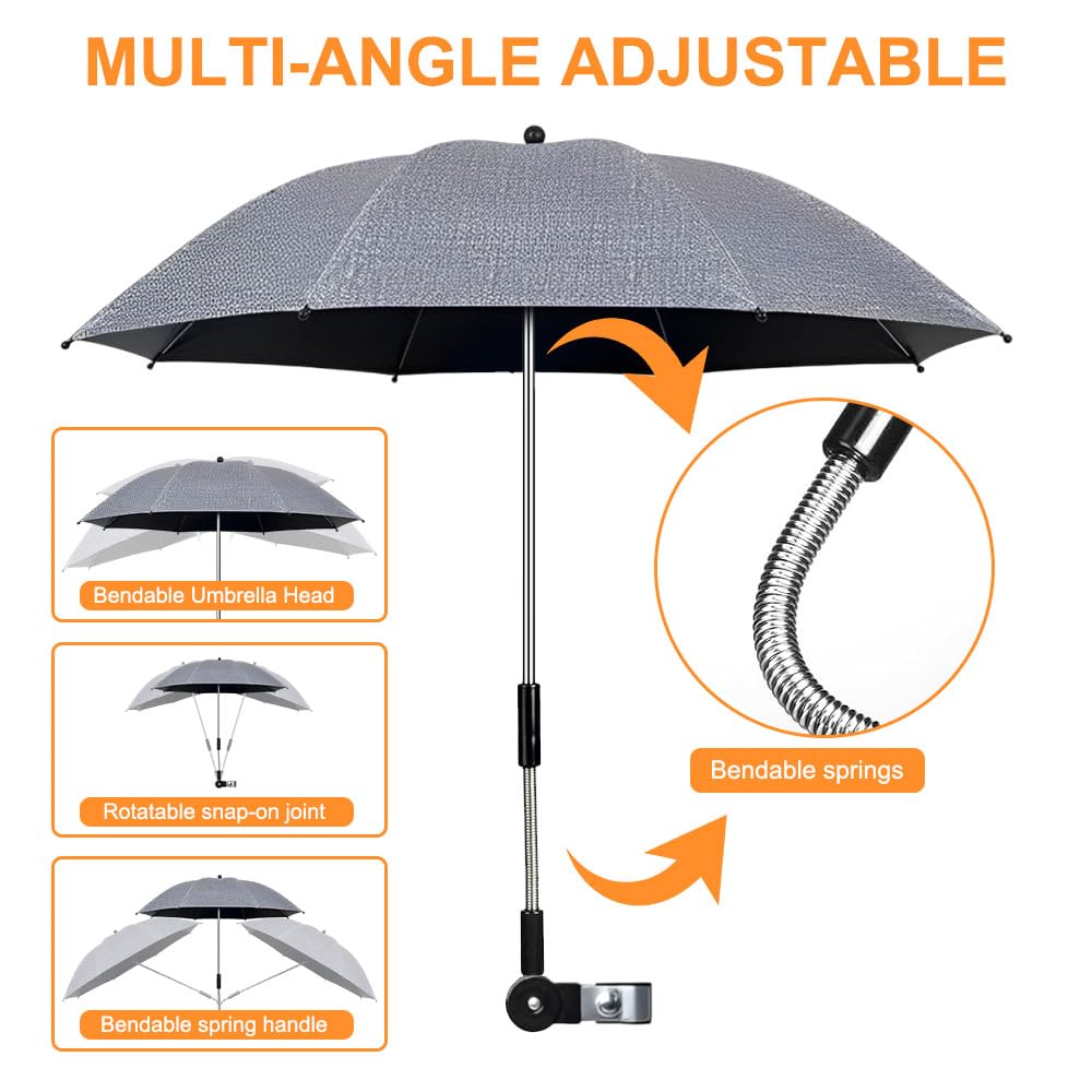 Parasol do wózka uniwersalnego, ochrona przed promieniowaniem UV 50+, parasol do wózka, średnica 82 cm, do wózka dziecięcego, szary
