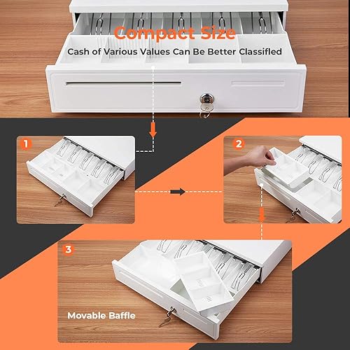 Miniatura 9 de MUNBYN Impresora de recibos WiFi con puerto USB, impresora POS de 3.150 in y cajón de efectivo blanco, caja registradora resistente de 16 pulgadas