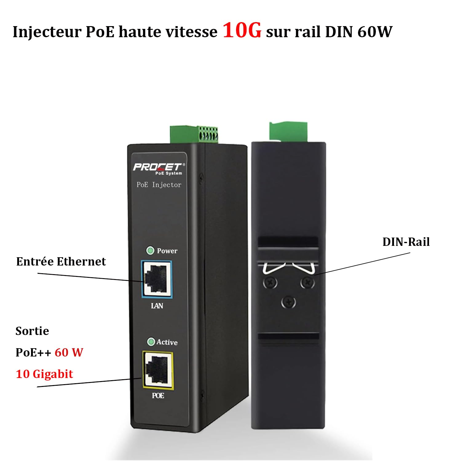 PROCET PoE Injecteur 10 Gigabit sur Rail DIN PoE++ jusqu'à 60W, 6KV PoE Protection Contre Les surtensions, Large températures -40 °C à 65 °C, pour PTZ Webcam, Point d'accès sans Fil, Station de Base