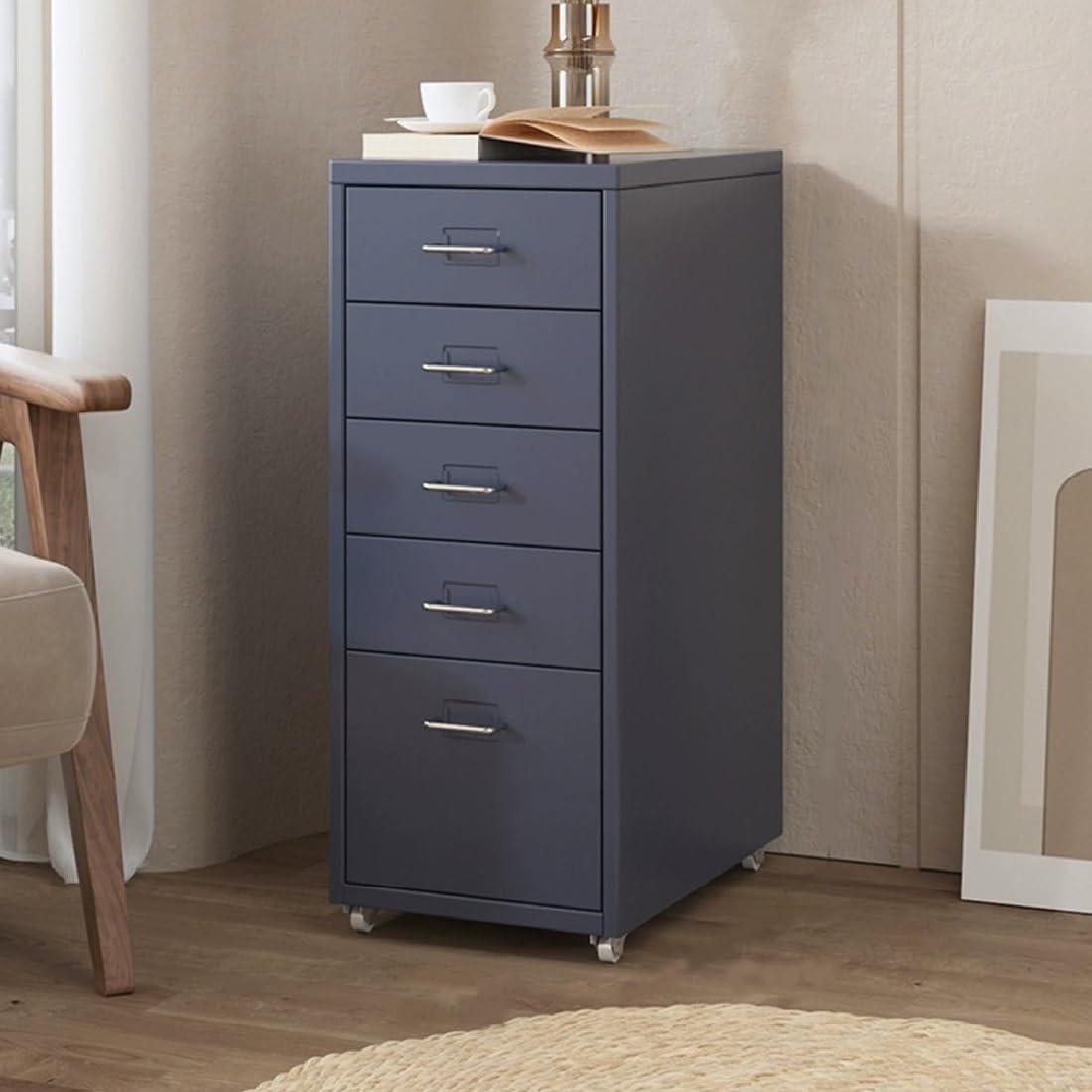 Metal Filing Cabinet with Wheels, 5 Drawers Mobile Storage Cabinet Small Printer Stand Vertical Organizer for Home Office