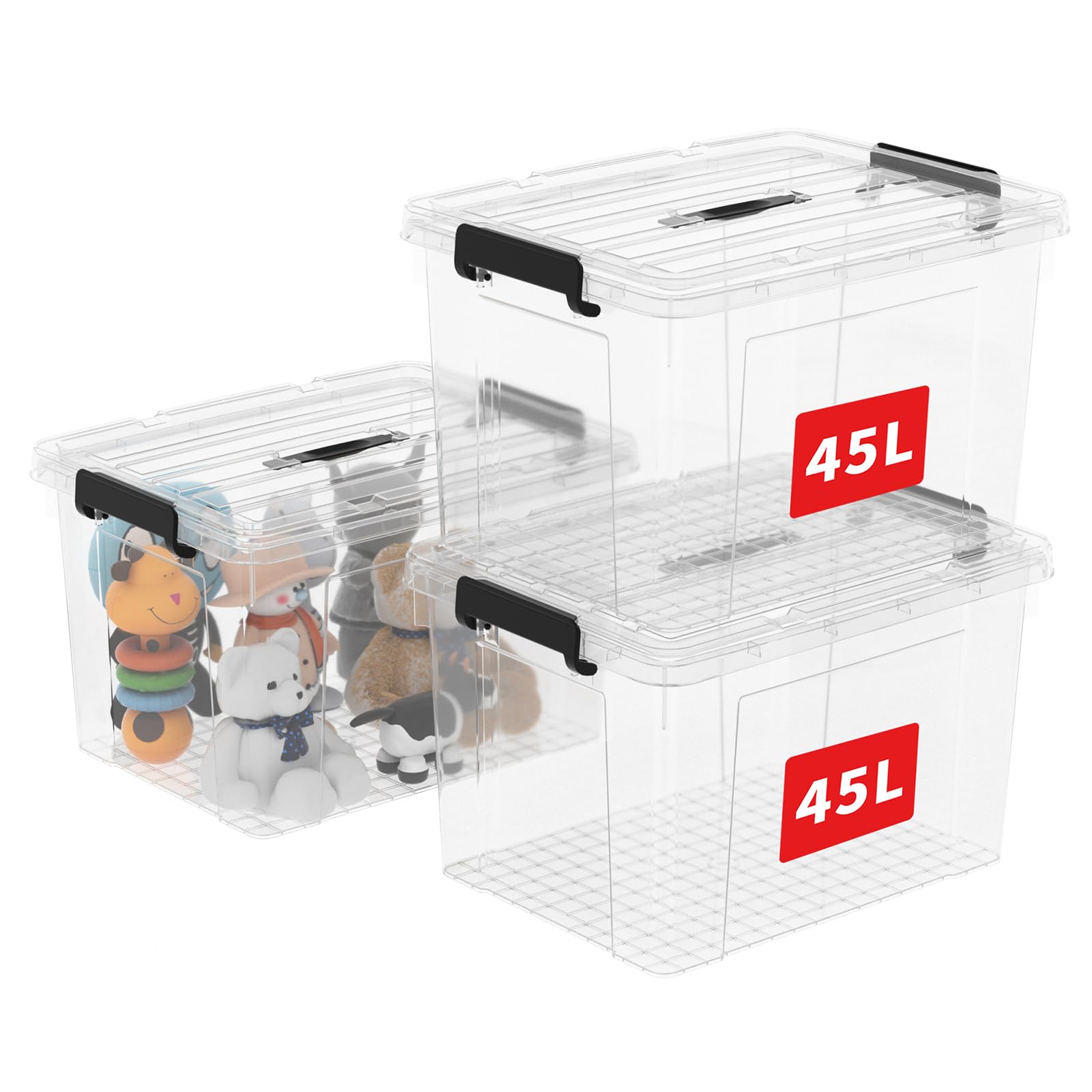 Cetomo 45L*3 Caja de Almacenamiento con Asa, Caja de Plástico con Tapa y Cierre Seguro, Contenedor de Almacenamiento Grande, Duradera, Apilable, Resistentes, Transparente, Paquete de 3 de 45L