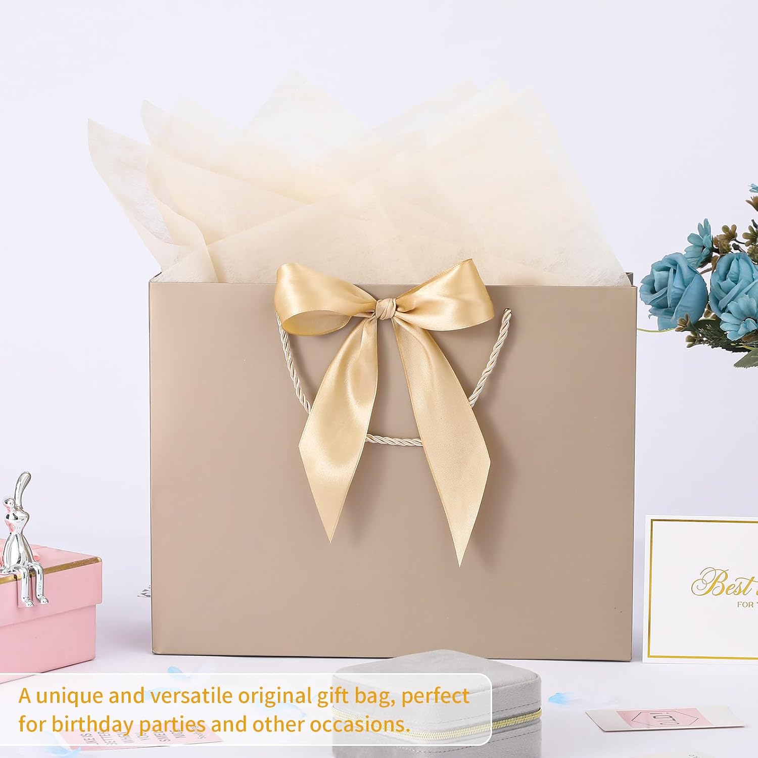 Birthday Gift Bag with Tissue Paper and Card(2 PCS Bright Beige, 13") image 5