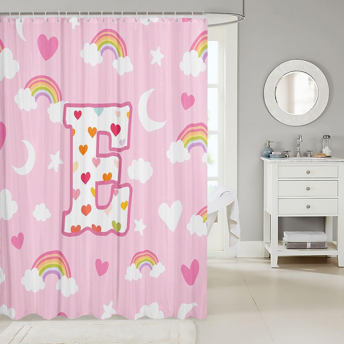 jejeloiu Cute Pink Rainbow Shower Curtain Star Moon Print Bath Curtain Personalized Letter E Bathroom Waterproof Accessories with 12 Hooks Colorful Love Heart Waterproof Polyester,72x72 Inches image 2