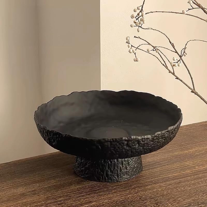 Fruit Bowl for kitchen decor Counter 10.4Large Decorative Bowl Modern Display key bowls High Foot Serving Blows with Irregular Edge Design High-Temperature Fired Thickened Glass Bowl Black