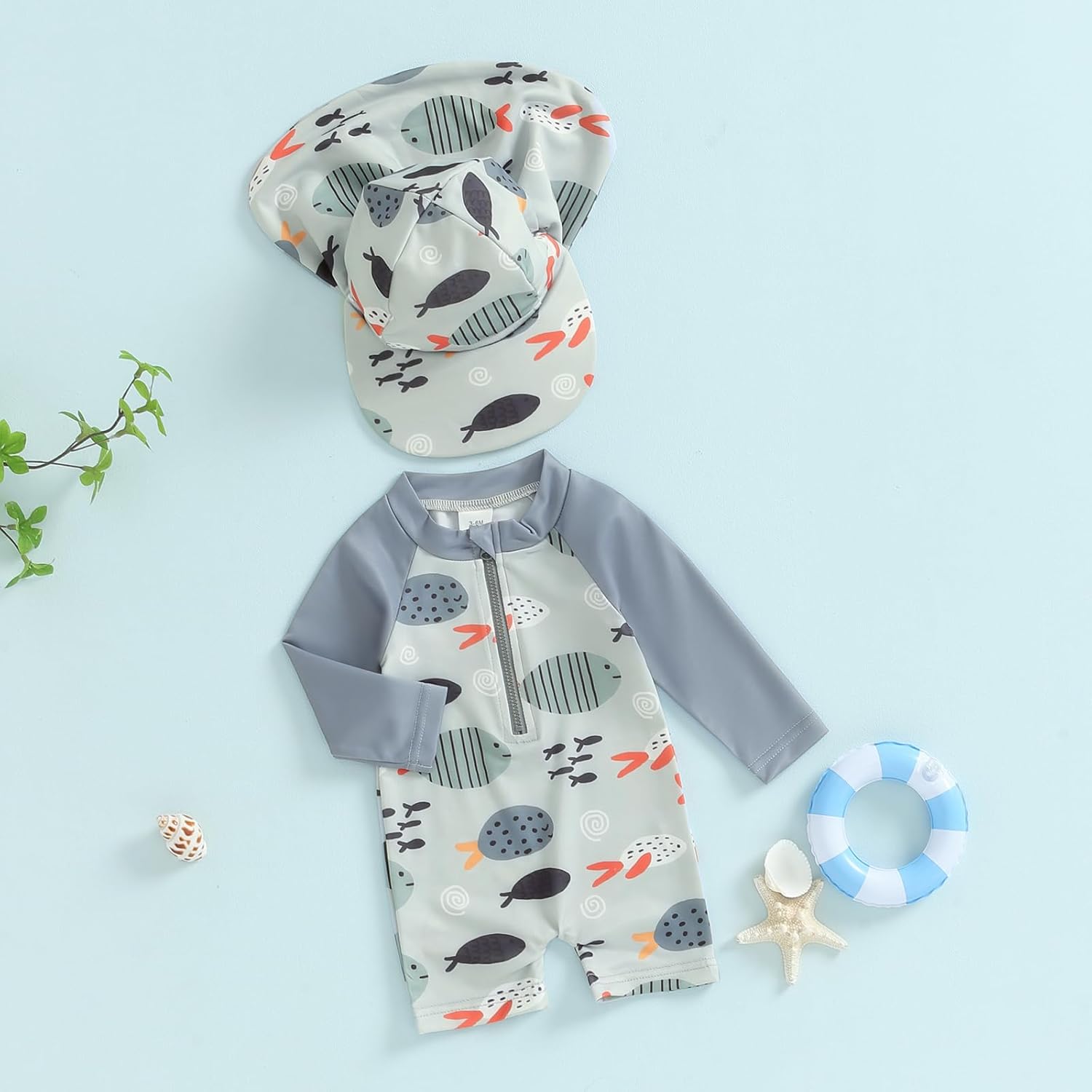 Infant Baby Boys Swimsuit One Piece Long Sleeve Rash Guard Zipper Bathing Suit Swimwear with Sun Cap Beachwear - Image 2