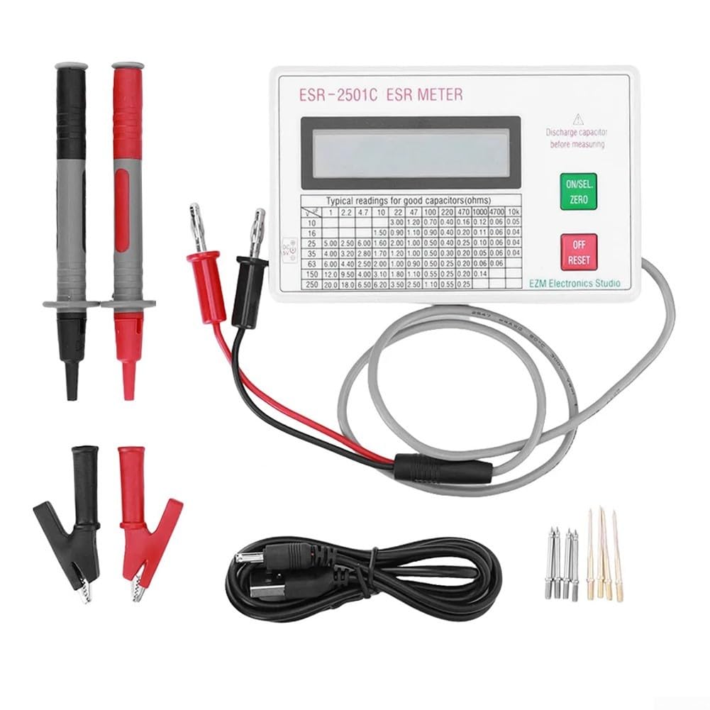 Probador de condensador ESR DCR con cables de prueba y clip de batería para medir ESR y DCR a frecuencia de 100 kHz