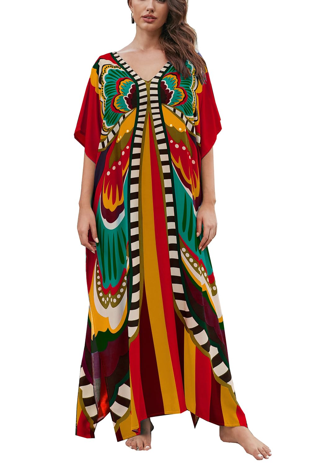 L-Peach Women's Imprimé Bleu Rouge Kimono Long Dress Maxi Kaftan Summer Beach Boho Cover Up Tops