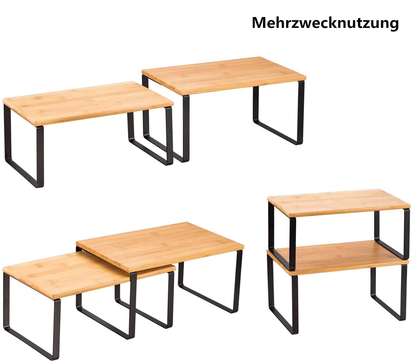 Organizzatore Cucina LIANTRAL - 2 Scaffali Impilabili, Metallo E Legno, Bianco/Naturale