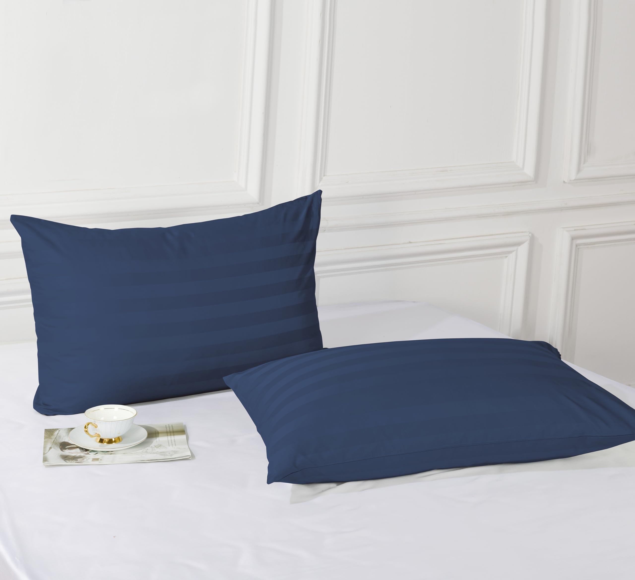 Set di 4 federe copricuscino in 100% cotone egiziano, tessuto in rasatello a 400 fili, con cerniera nascosta, traspiranti, non rumorose, facili da pulire, set da 4 pezzi (blu navy a righe)