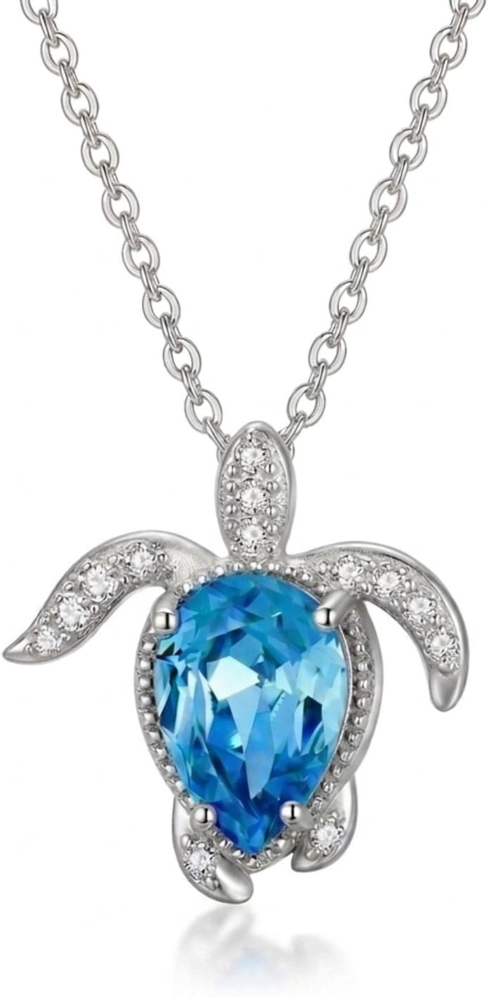AOBOCO 925 Sterling Silver Sea Turtle Pendant Necklace with Aquamarine Blue Crystal Ocean Theme Turtle Gifts Jewelry for Women Her 18-20 Inches