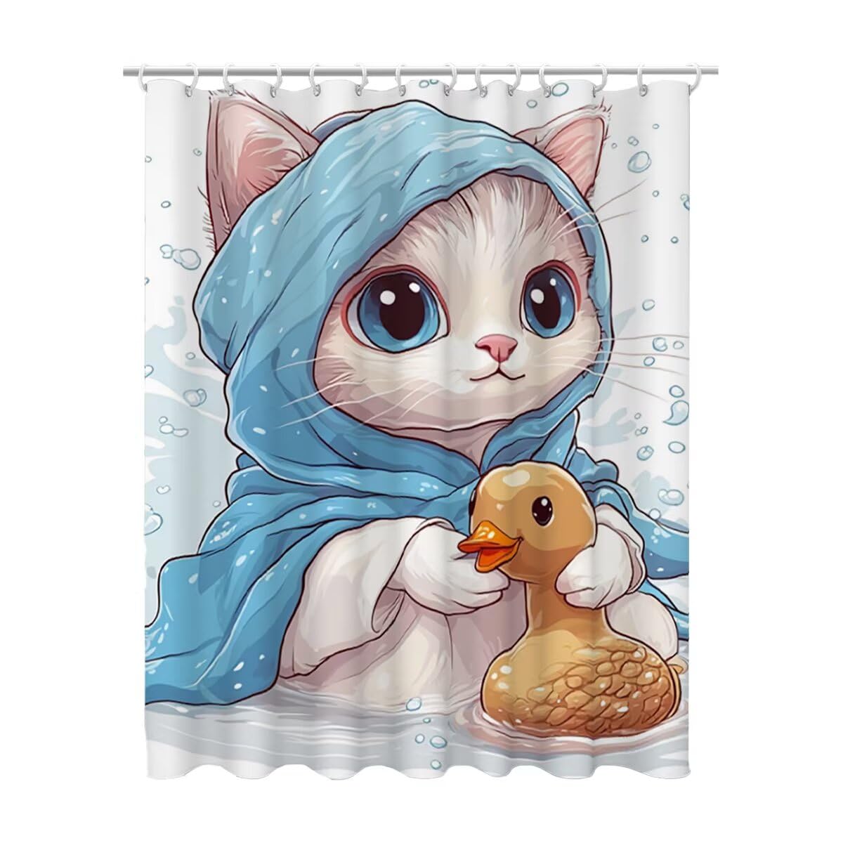 Weiß Duschvorhang 240x200, Duschrollo mit 12 Duschvorhang Haken, Katze Shower Curtains Beschwerter Saum, Waschbar Polyester Stoff Wasserdicht Extra Lang für Badewanne Badezimmer Deko, Geschenke -3443
