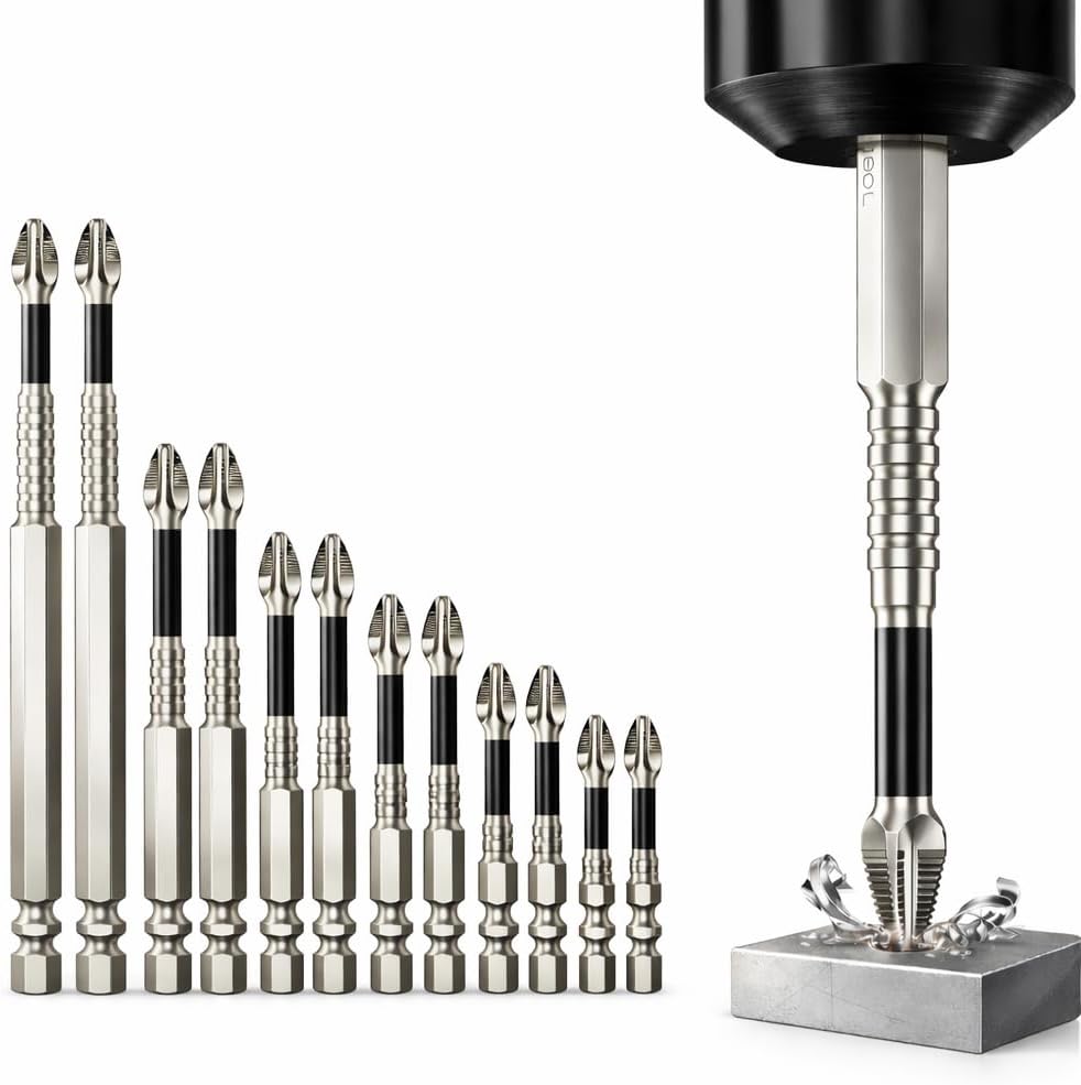 Magnetic Screwdriver Bit Set for Impact Driver & Drill, 12PCS Impact Resistant Driver Bits, Non-Slip Magnetic Bits with 1/4" Hex Shank, 25–150mm Extended Length Drill Driver Bit Set
