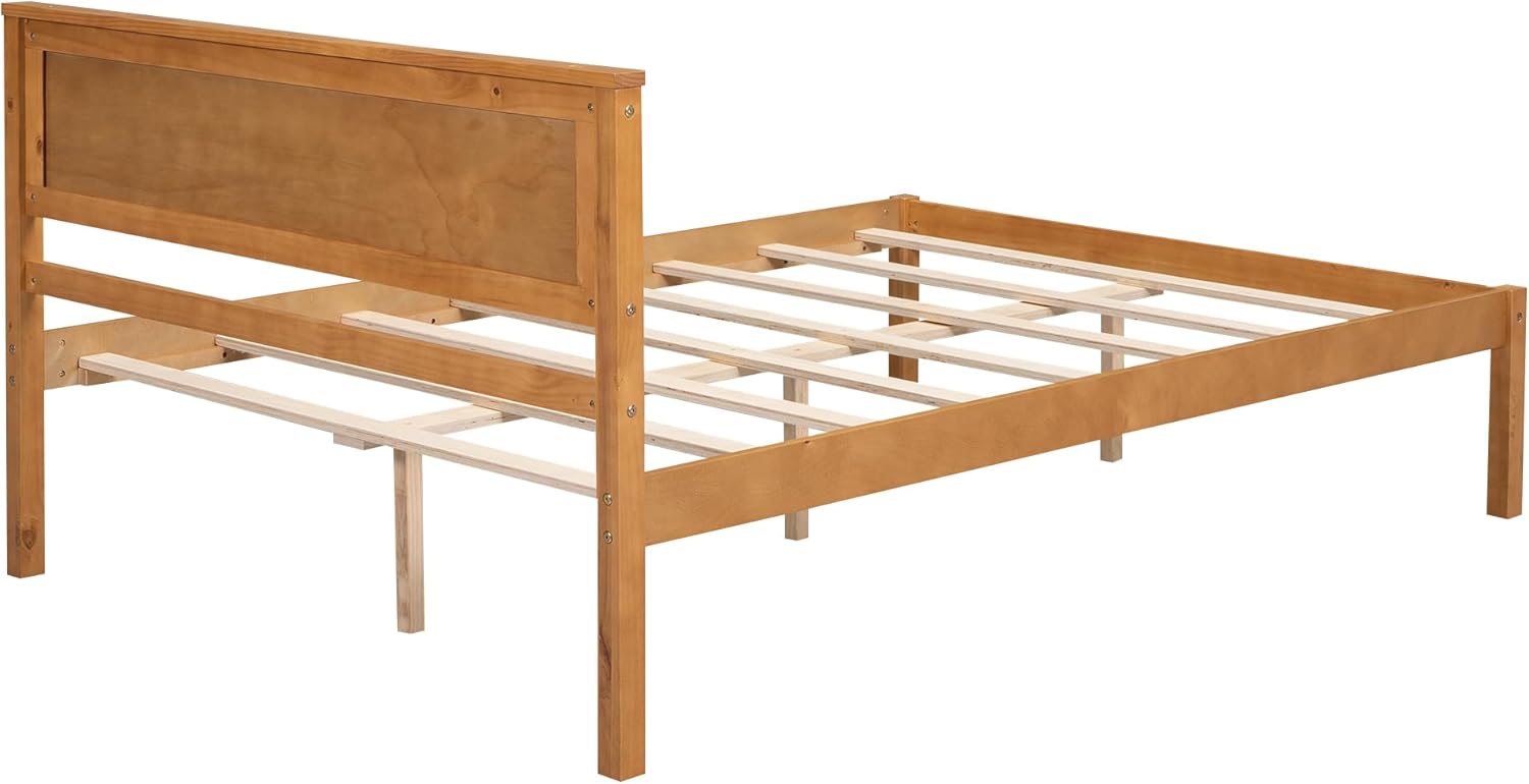 Linique Full Size Platform Bed with Headboard, Rustic Wood Bed Frame with Slat, No Box Spring Needed, Oak