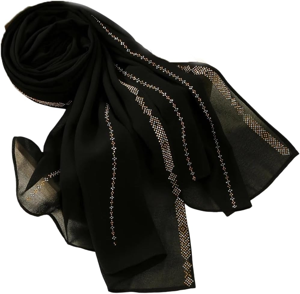 Womens Rhinestone Chiffon Hijab Scarf Muslim Shawl Plain Soft Headband Solid Color Long Islamic Turban
