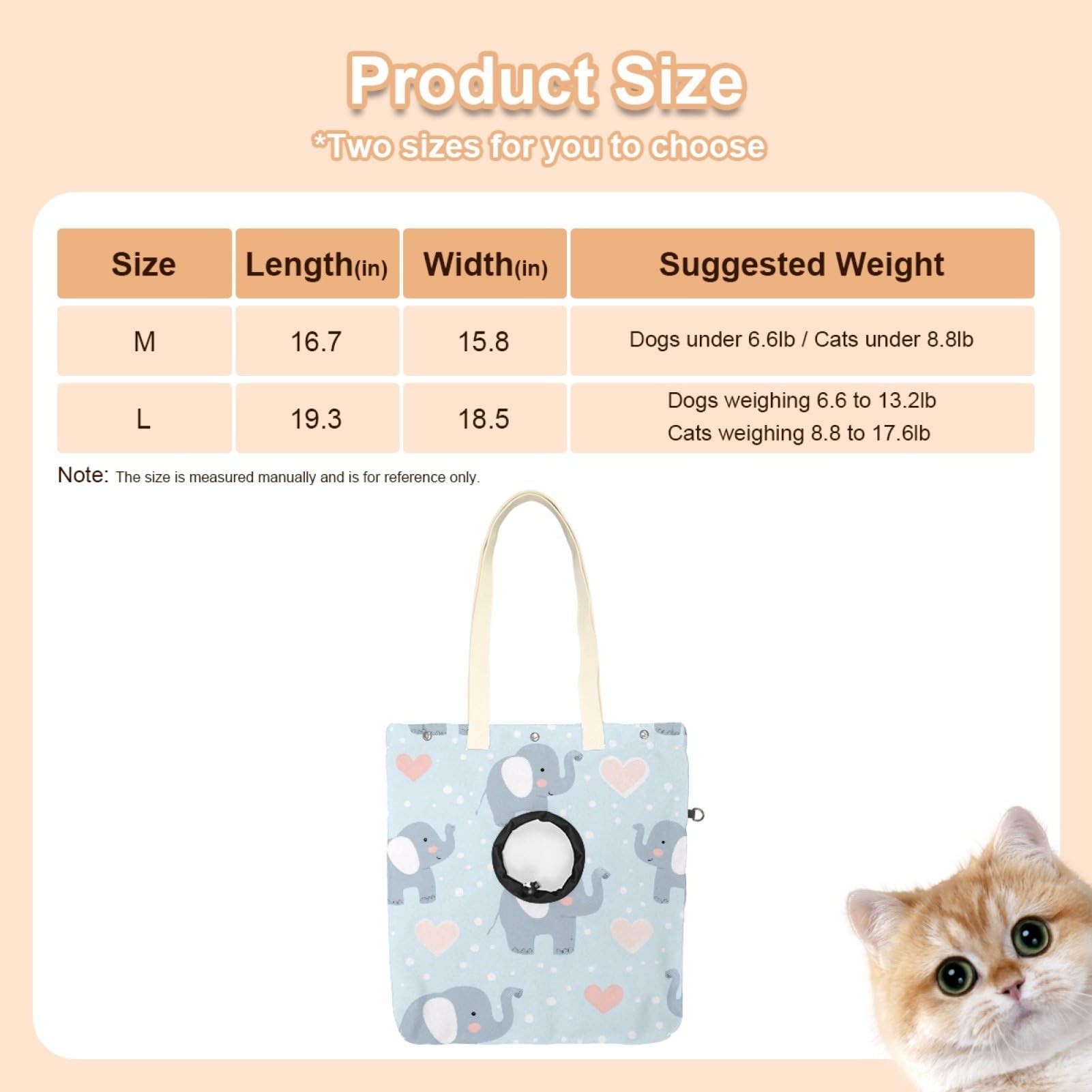 Pet Canvas Shoulder Bag Soft-Sided,Dog Purse Carrier for Small Dogs and Cats, Portable Pet Handbag with Adjustable Hole, Pet Washable Travel Tote Bag,Light Blue Elephant 19.3''x16.5''