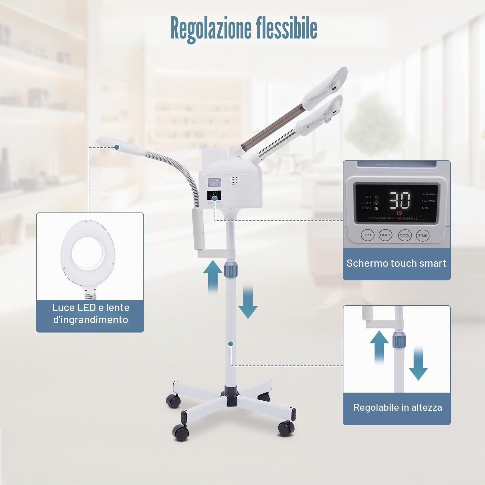 Vapozone Estetica Professionale 3 in 1 Vapore Viso con Luce LED e Lente d'ingrandimento Altezza Regolabile Modalità Calda e Fredda Ugello Girevole 360°, Per Salone di Bellezza