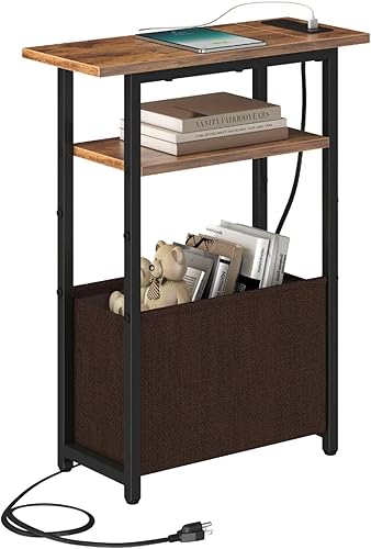 Mesa auxiliar estrecha con estación de carga, mesa auxiliar pequeña para espacios pequeños, mesitas de noche delgadas con cesta de almacenamiento,