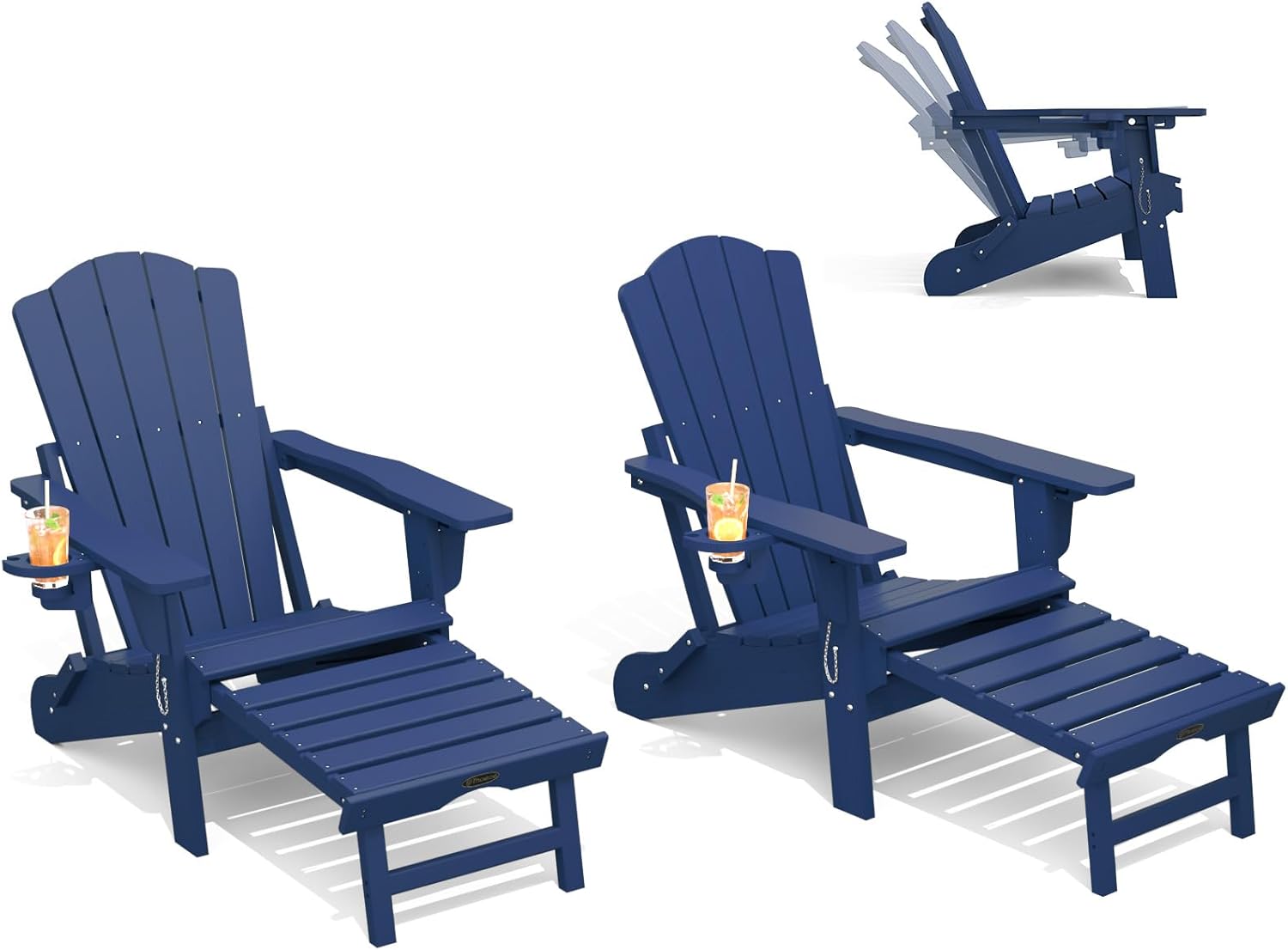 THOEOE Adjustable Adirondack Chairs with Retractable Ottoman Set of 2, HDEP Folding Adirondack Chair with Footrest & Cup Holder, All Weather Fire Pit Chair for Outdoor,Navy Blue