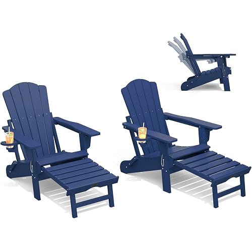 THOEOE Folding Adirondack Chairs Set of 2, Outdoor Patio Fire Pit Chairs | Adjustable HDPE Chairs with Footrest, Retractable Ottoman, Built-In Cup Holder, All-Weather Resistant, Navy Blue
