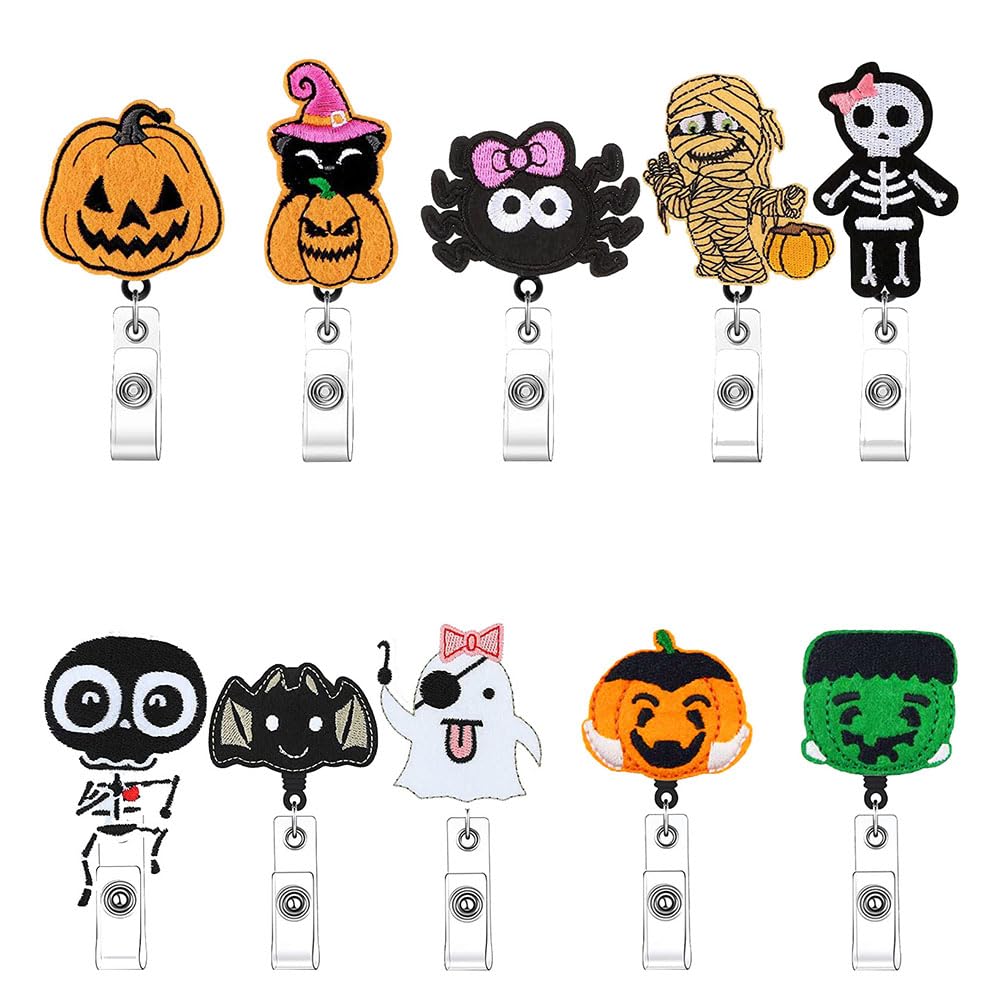 Uchwyt na kołowrotek z identyfikatorem, 10 opakowań, chowane, urocze wzory czaszki na Halloween, do pracy, biura, krokodylka, akcesoria (zestaw 02-10 szt.)