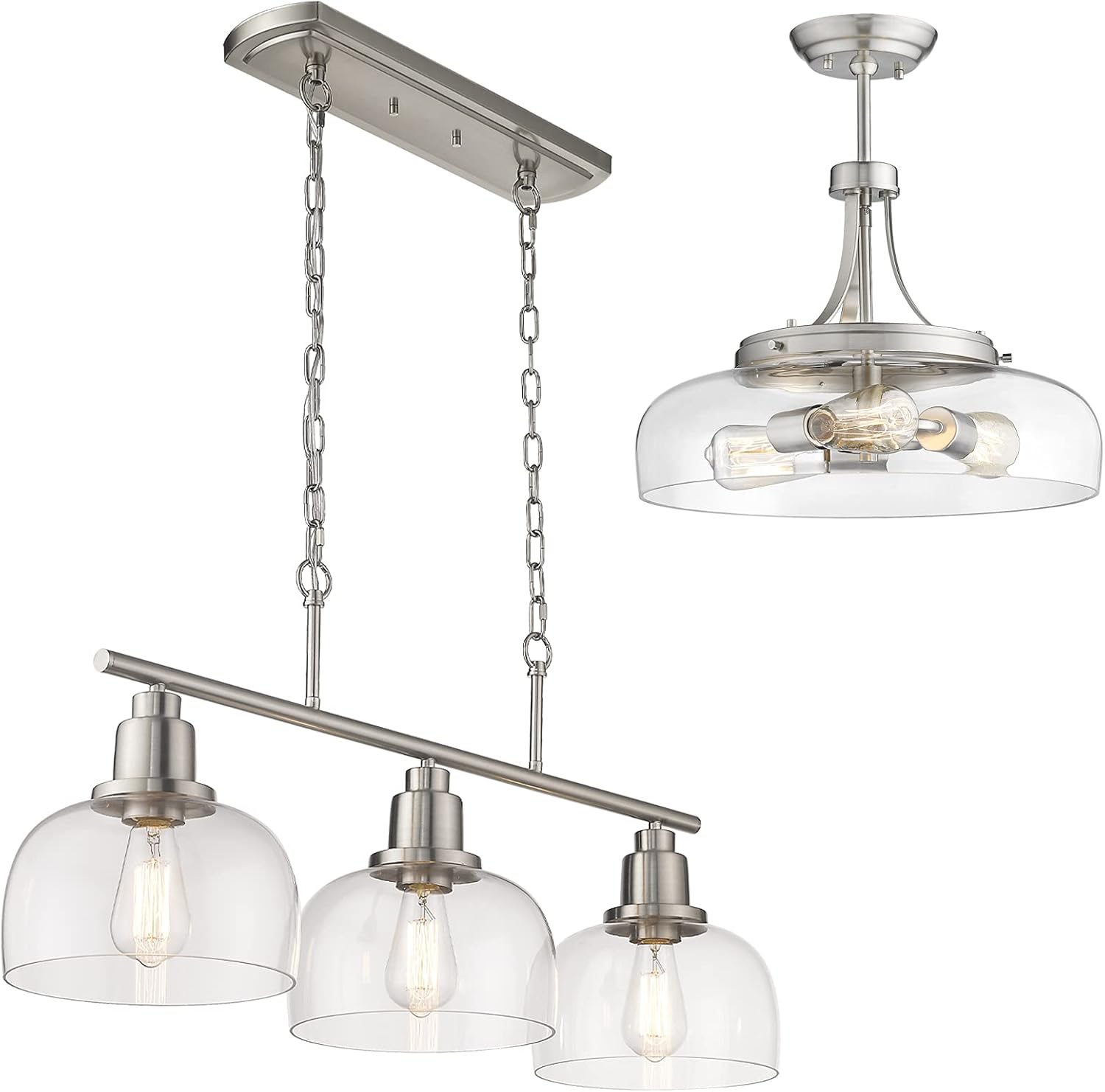 EAPUDUN 3-Light Linear Chandeliers for Kitchen Island and Farmhouse Ceiling Lighting in Brushed Nickel with Clear Glass Shade, for Kitchen Island Dining Room Foyer Hallway Entryway