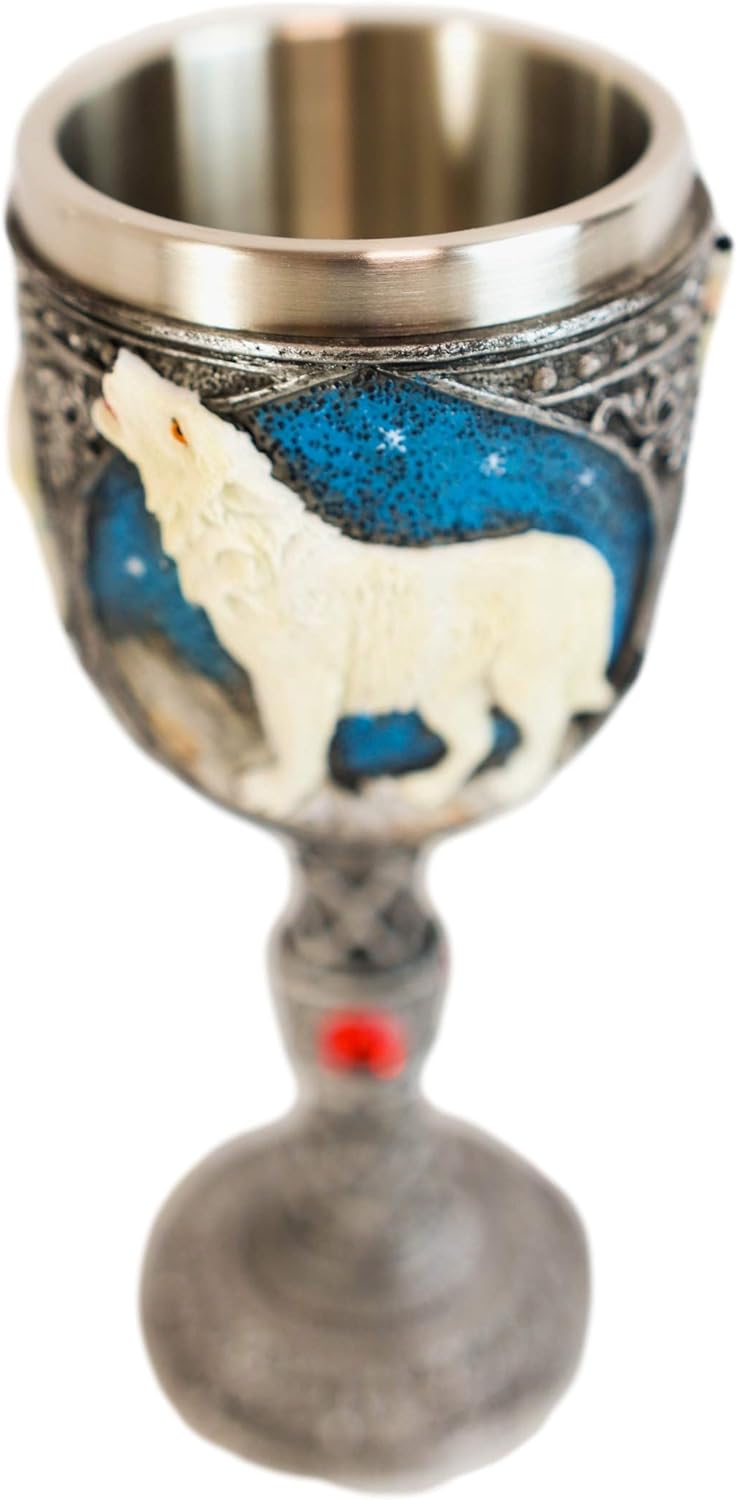 Ebros Gift Celtic Magic Knotwork Direwolf White Snow Wolf Howling By Mountain Starry Night Sky Beverage Drinkware Serveware With Stainless Steel Cup Liner Figurine (Wine Goblet Chalice)