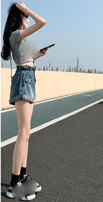 Blue High-Waist Denim Shorts Women's Thin Spring Summer Rolled-Up A-Line Wide Leg Hot Shorts