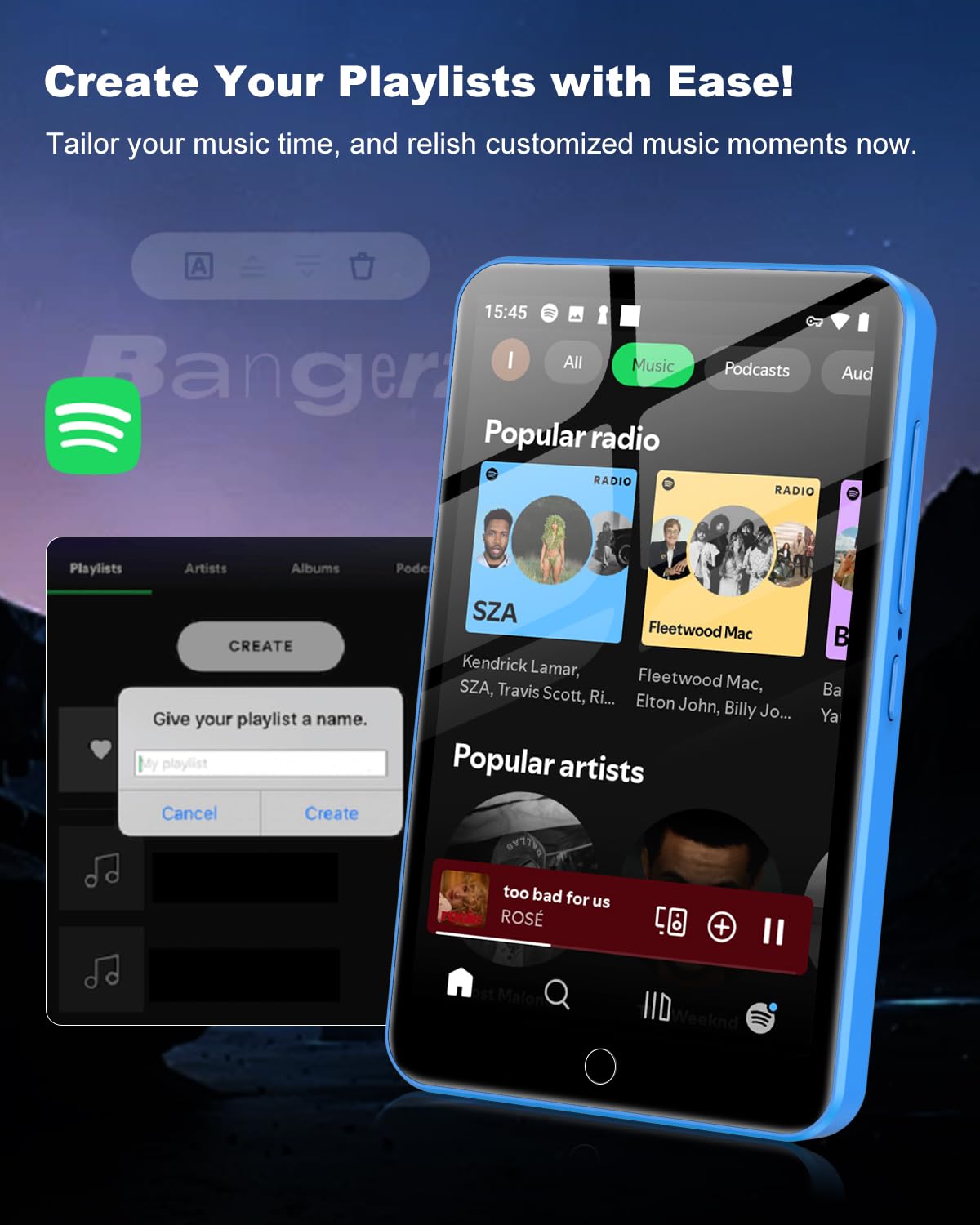 Lecteur MP3 80 Go avec Bluetooth et WiFi, écran Tactile 4 Pouces Lecteur MP3 pour Enfants Haut-Parleur intégré, Lecteur MP4 avec Spotify, Audible, Amazon Music, Deezer, Radio FM, jusqu'à 1To, Bleu