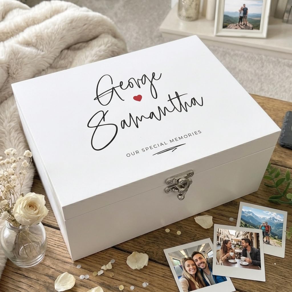 Caja de recuerdos de madera blanca personalizada con nombres de parejas, con bisagras y cierre, regalo de San Valentín, aniversario, boda, 27 cm x 19 cm x 14 cm