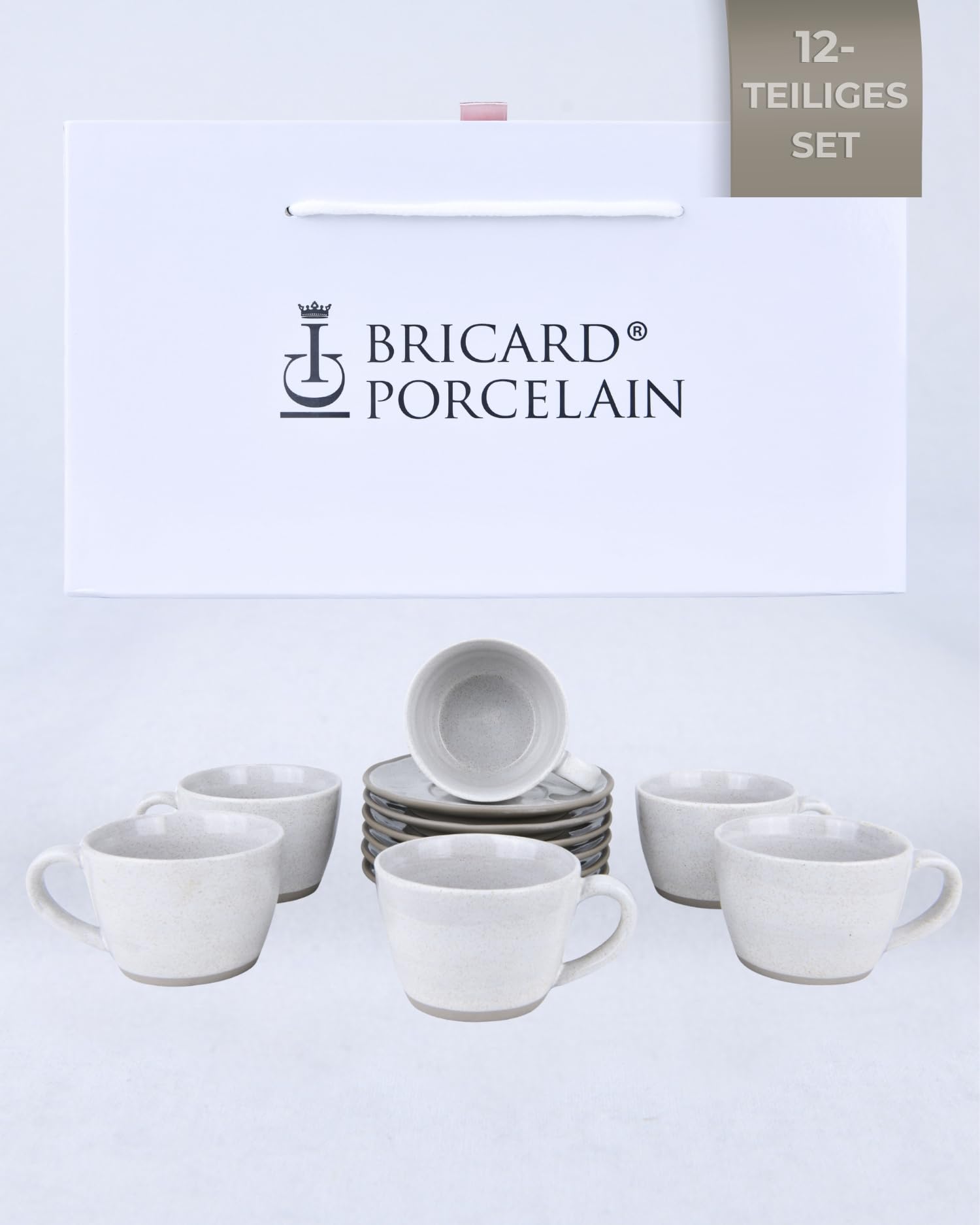 Kaffeetassen Set 12-teilig mit Untertassen, Kaffeeservice für 6 Personen | BRICARD Albi | 200 ml Keramik Hellgrau, Cappuccino Tassen, Spülmaschinen- & Mikrowellengeeignet, Geschenkset