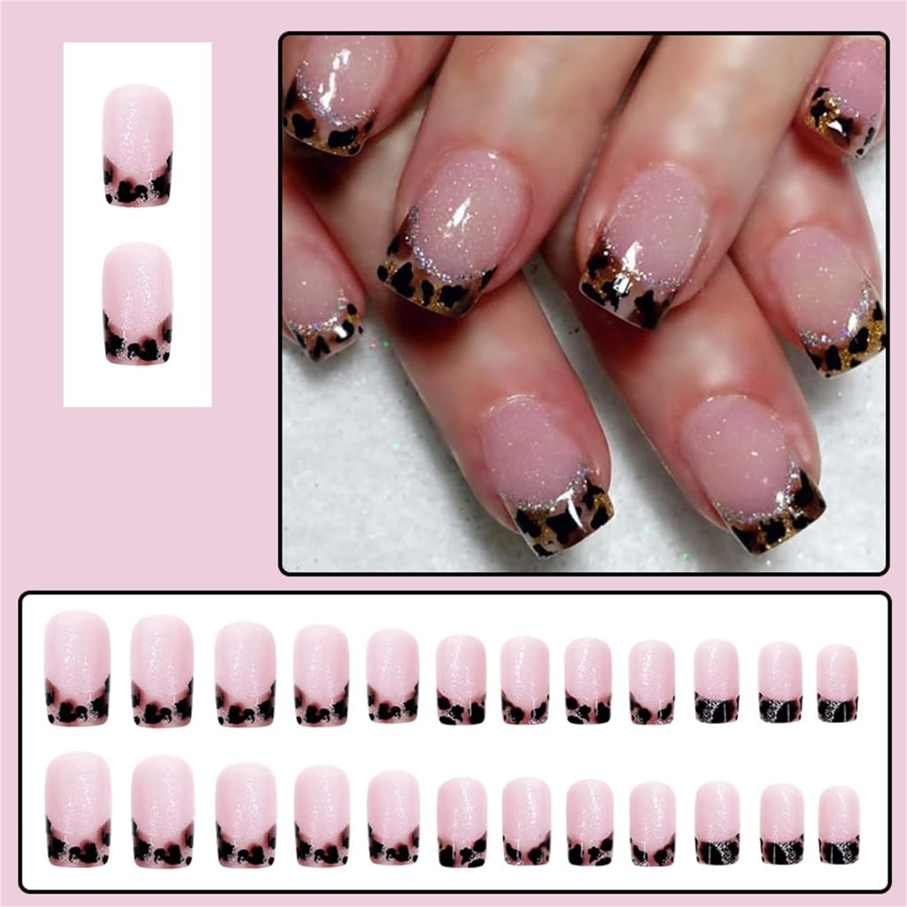 24pcs Leopards Print Square Set Artificial Nails for Women and Glossy Acrylic Stick on Nails