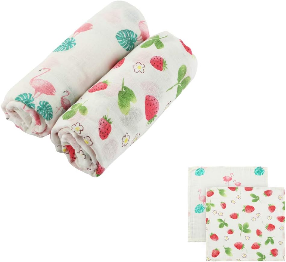 Bamboo Muslin Swaddle Blanket | Super-Soft Breathable Lightweight Receiving Blanket (for Girls) | Gift for New Parents or Baby Shower | 70% Bamboo 30% Cotton (Flamingo & Strawberry)