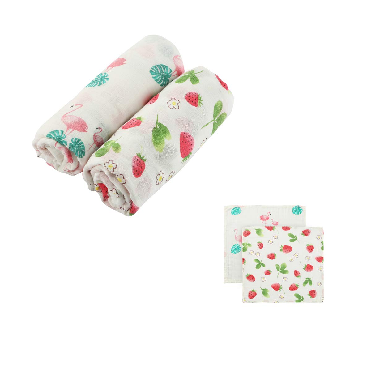 Bamboo Muslin Swaddle Blanket | Super-Soft Breathable Lightweight Receiving Blanket (for Girls) | Gift for New Parents or Baby Shower | 70% Bamboo 30% Cotton (Flamingo & Strawberry)