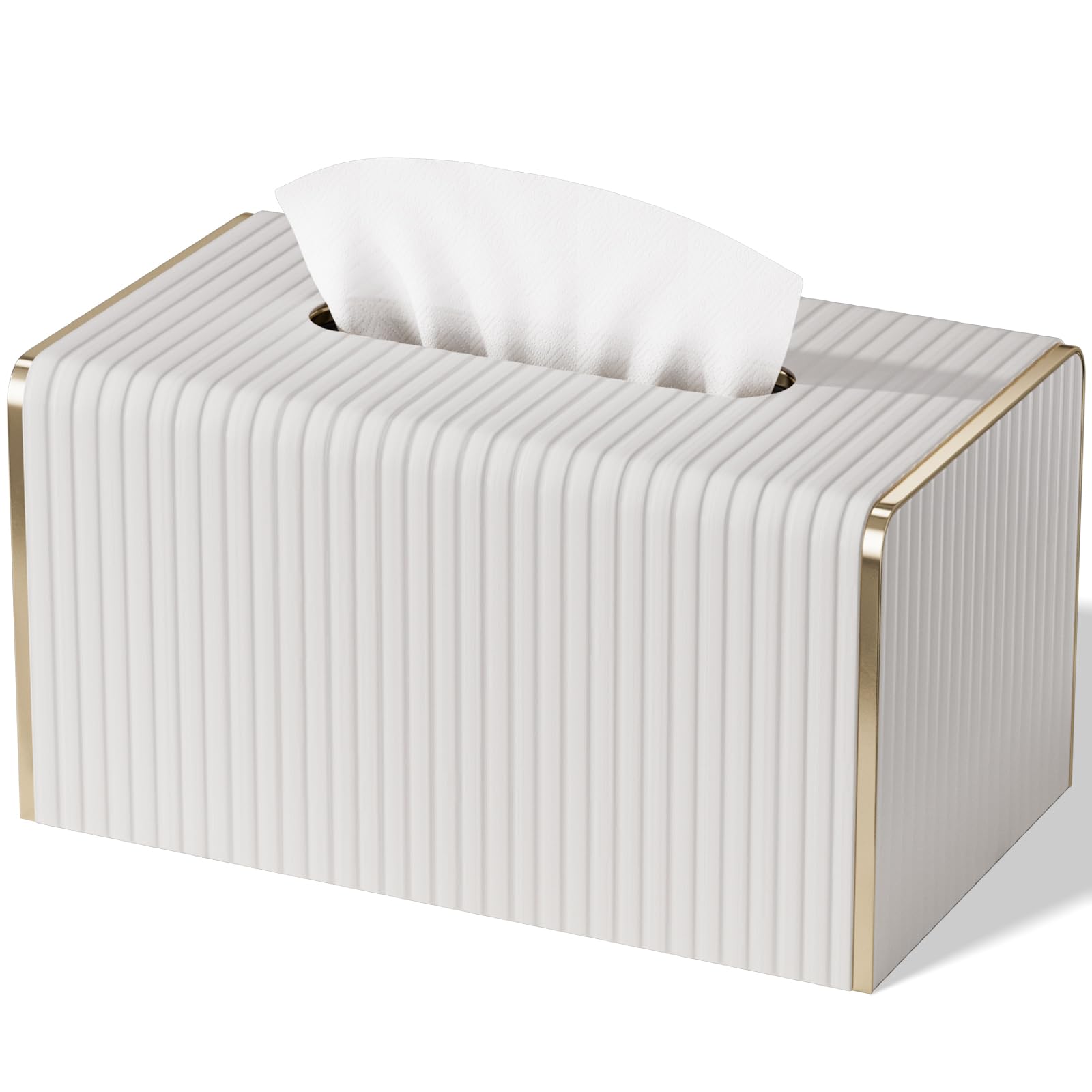 Extra Large Tissue Box Cover for Standard Size 180 to 230 Count Box of Tissues, PU Leather Rectangle Tissue Holder with Magnetic Closure， Gold-Tone Edging Decoration (Ivory)-image-45