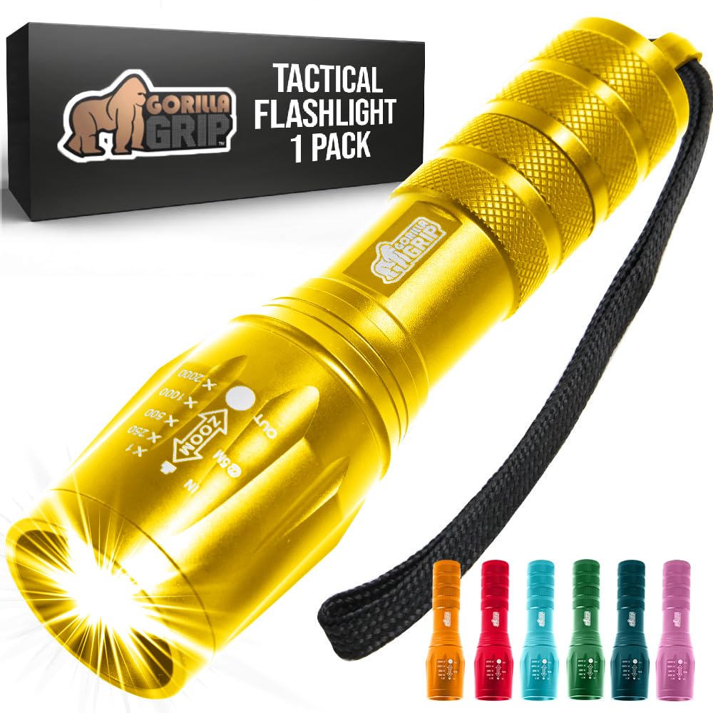 GORILLA GRIP Powerful LED Tactical Flashlight, 750 FT High Lumens 5 Adjustable Modes, Water Resistant, Ultra Bright Zoom Flashlights, Small Mini Flash Light, Camping, Night Dog Walking, Gold